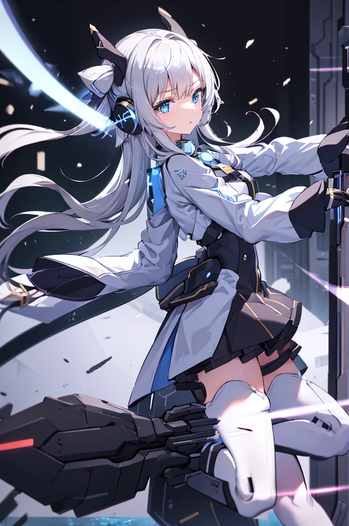 mecha wing、Thighs、tights、chest、White Hair、Light blue ribbon、 1 girl、 solo girl 、income、headphone、idol dress、Rin々Funny face、 Holding Swords 、mecha girl、 black skirt 