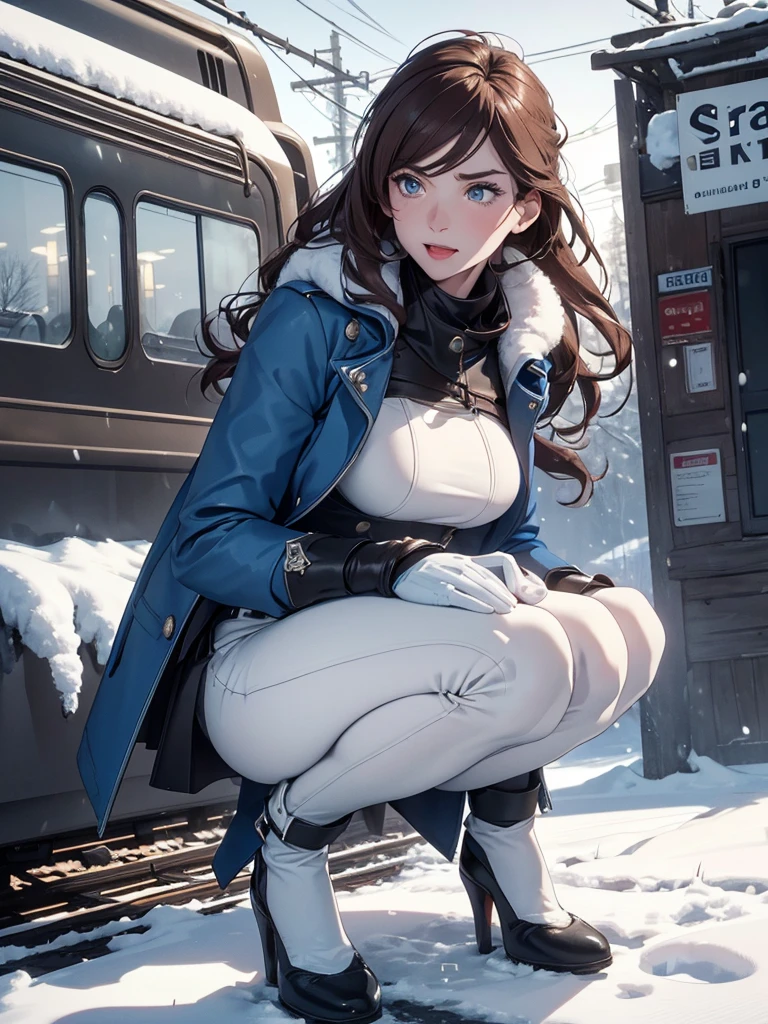 (8K, photo and gross, better quality, maestro:1.2), (realistic, fotorrealistic:1.37),  Ultra detailed, 1 girl, beautiful, alone,  Beautiful winter landscape detailed with snow and an old train ., (blush), (full body: 1.1), ( She has her mouth open and her tongue out and is gasping for breath: 1.1),  big breasts, beautiful and delicate blue eyes, (Long wavy brown hair: 1.2),  wearing a tight blue winter coat with white leather cuffs and white leather collar, blue skinny jeans: 1.1, holding a bouquet of white flowers, long loose skirt, high contrast, High quality details in her clothes and background., ( Posture she is squatting with his legs open and his back arched and his head looking up .: 1.2), The soft winter lighting is reflected in the snow .,  The train behind it shows details of a vintage design ., creating a mix of classic and modern aesthetics..