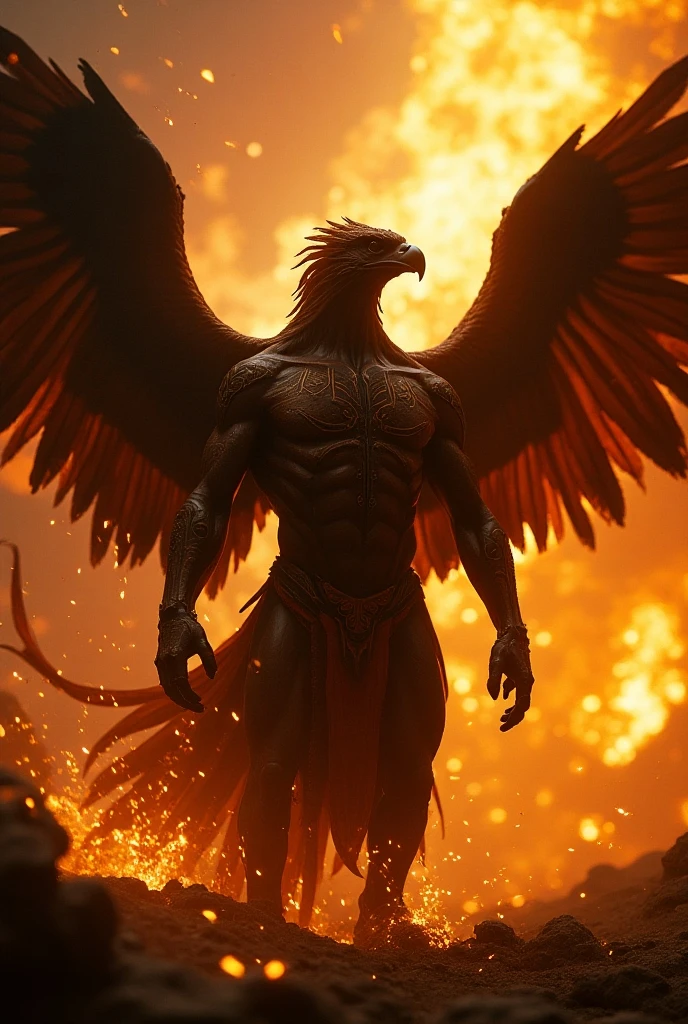 a phoenix, with flames erupting from his body, his wings are spread out, beak, muscular, masterpiece, best quality, intricate detail, absurdres, high detail RAW color Photo, highly detailed, harsh lighting, cinematic lighting, detailed eyes, distinct pupils, contrast, hard light, gigapixel, 8k resolution, beautiful, cinematic, elegant, hyperrealistic, octane render, unreal, high definition, 8k resolution, highly detailed, 8k uhd, professional lighting, photon mapping, radiosity, physically-based rendering, award-winning photography, detailed face, backlight, ultrarealistic, ray tracing, intense gaze, cinematic lighting