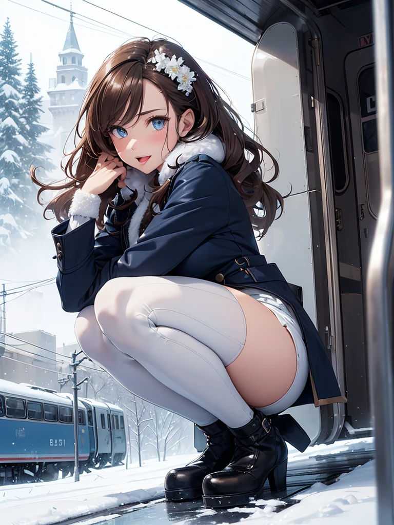 high-definition images, atmospheric perspective, 8k, super detail, accurate, best quality, (various composition), a woman, (winter clothes, jacket, skirt), (shy), looking away, (drooping eyes), spread her legs, crouching, smile, sweat, (dark hour of down, sunset), boots, downtown area), super detailed panties, (((her long-skirt lining between her legs))), long hair, eyes realistic sizing, hair up, 