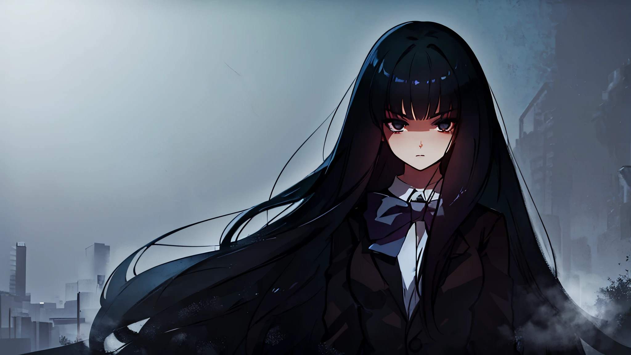 a beautiful girl with gorgeous long black hair and black eyes, wearing a winter school uniform with a brown blazer and ribbon, staring at the viewer with a stern expression on a moonlit night, highly detailed, hyper realistic, 8k, photorealistic, masterpiece, intricate details, cinematic lighting, dramatic atmosphere, intense gaze, flowing hair, full eyelashes, flawless skin, dark eyebrows partially hidden, confident pose, beautiful curves, realistic textures, dramatic lighting, moody blue and purple tones, dramatic shadows, volumetric lighting
