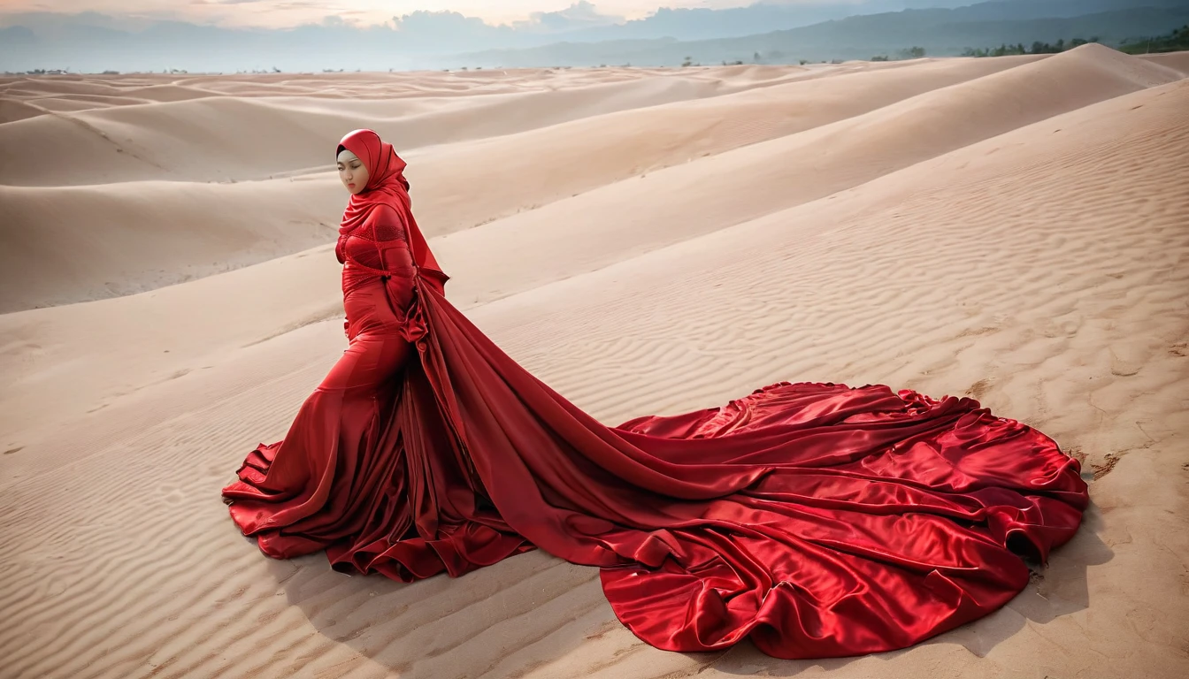 A woman shrouded in a 9-meter-long, plush red satin cloth, tightly bound and grandly draping along the form of her body, flowing off into a pooled floor-length train, styled in a mermaid-inspired outfit, her head modestly veiled in a satin hijab, 175 height woman, walk in indonesia landscape, a full-body pose conveying a sense of elegance, captured in a 4k resolution, ultra-realistic