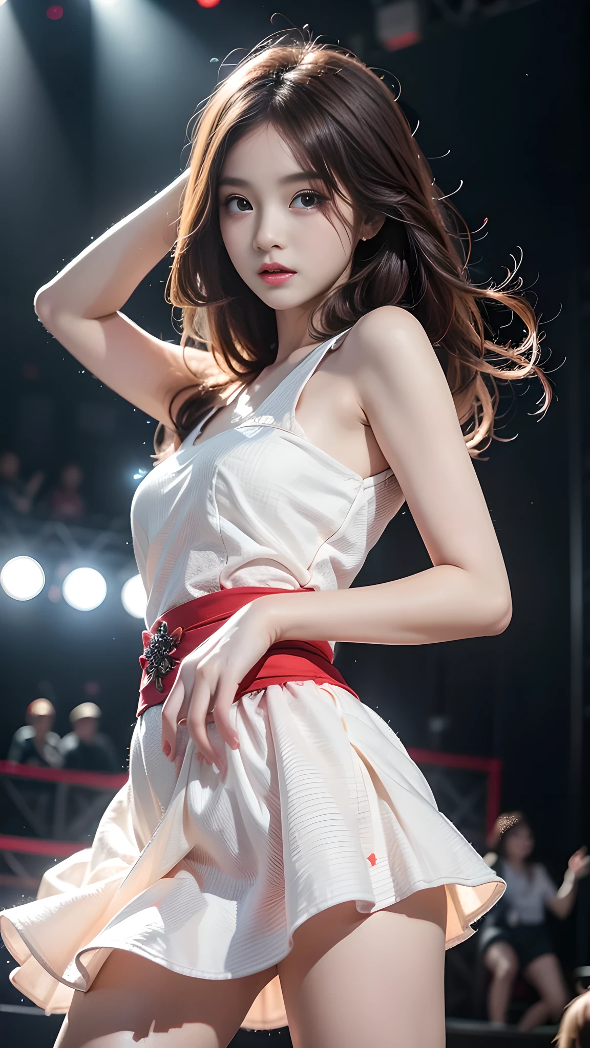ulzzang-6500-v1.1, (RAW photo: 1.2), (Real photo), (Real photo: 1.4), 1 girl、Perfect anatomy、1、Looking at the camera、Medium length hair、dance dress, ((performing on stage: 1.1))、(Business service)、Asian eyes Ella,