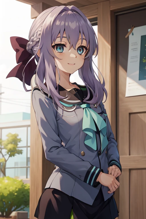 aashinoa, hair bow, serafuku, sailor collar, green neckerchief, grey shirt, long sleeves, black skirt
BREAK standing, 
BREAK smile,
BREAK cowboy shot, from below,
BREAK outdoor, garden,
BREAK (best quality, masterpiece, detailed:1.1), HD, (anime colored:1.1), (beautiful detailed eyes:1.4), extremely detailed face, perfect lighting, extremely detailed CG, (perfect hands, perfect anatomy),