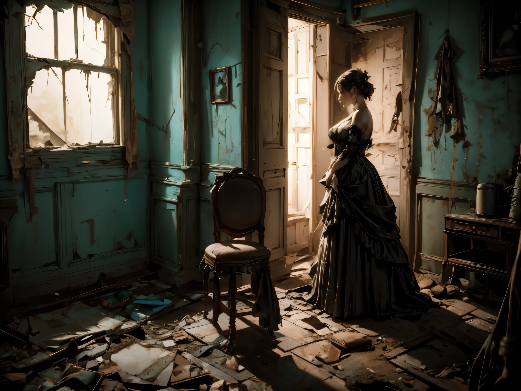 A female character with porcelain-like skin and lifeless eyes, wearing a revealing, tattered Victorian-style dress. She stands in a dimly lit abandoned room, surrounded by broken toys and eerie shadows. Her expression is blank yet haunting as she poses suggestively. 