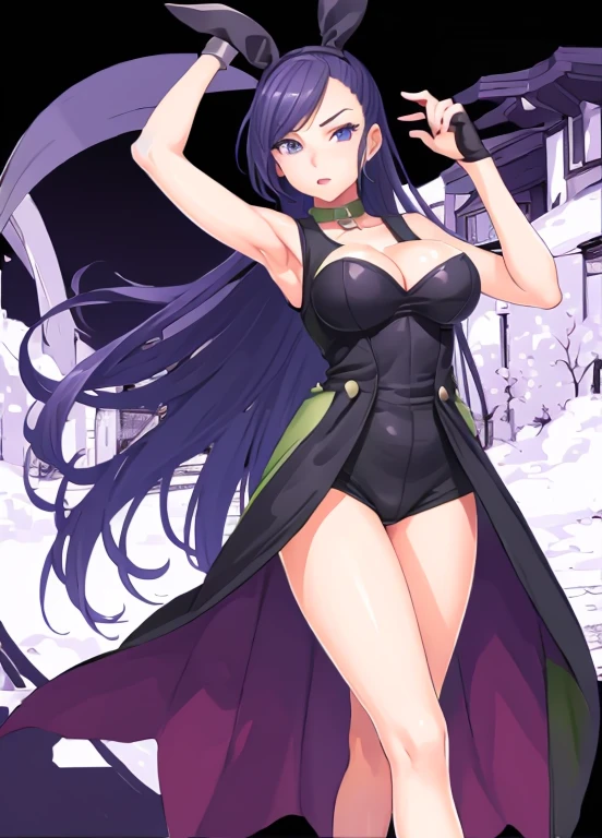 masterpiece, ultra detailed, high quality, best quality, ultra detailed painting, 8K cg scene, anime girl, 1girl, black long hair, beautiful face, pretty, sexy, bodysuit, thighs, leaning, outdoor
