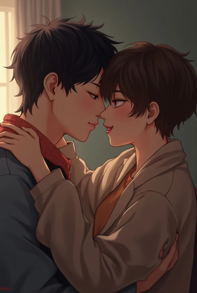 2boys, the moment of intimacy, happiness, love, romantic, Christmas, warm light, cozy atmosphere,