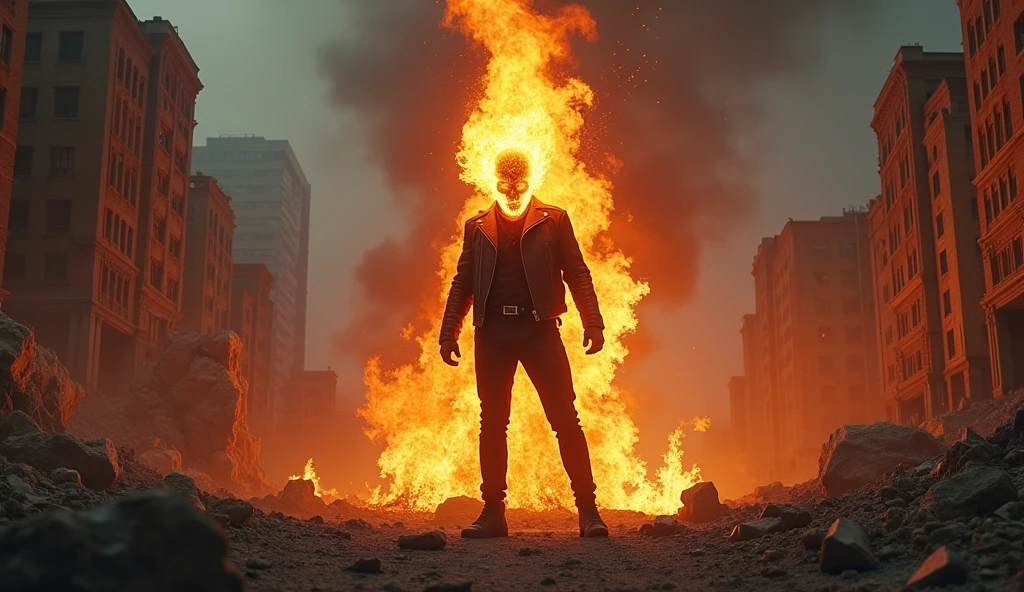 Ghost Rider Riding Building Depict a striking scene of Ghost Rider standing fiercely in a ...
