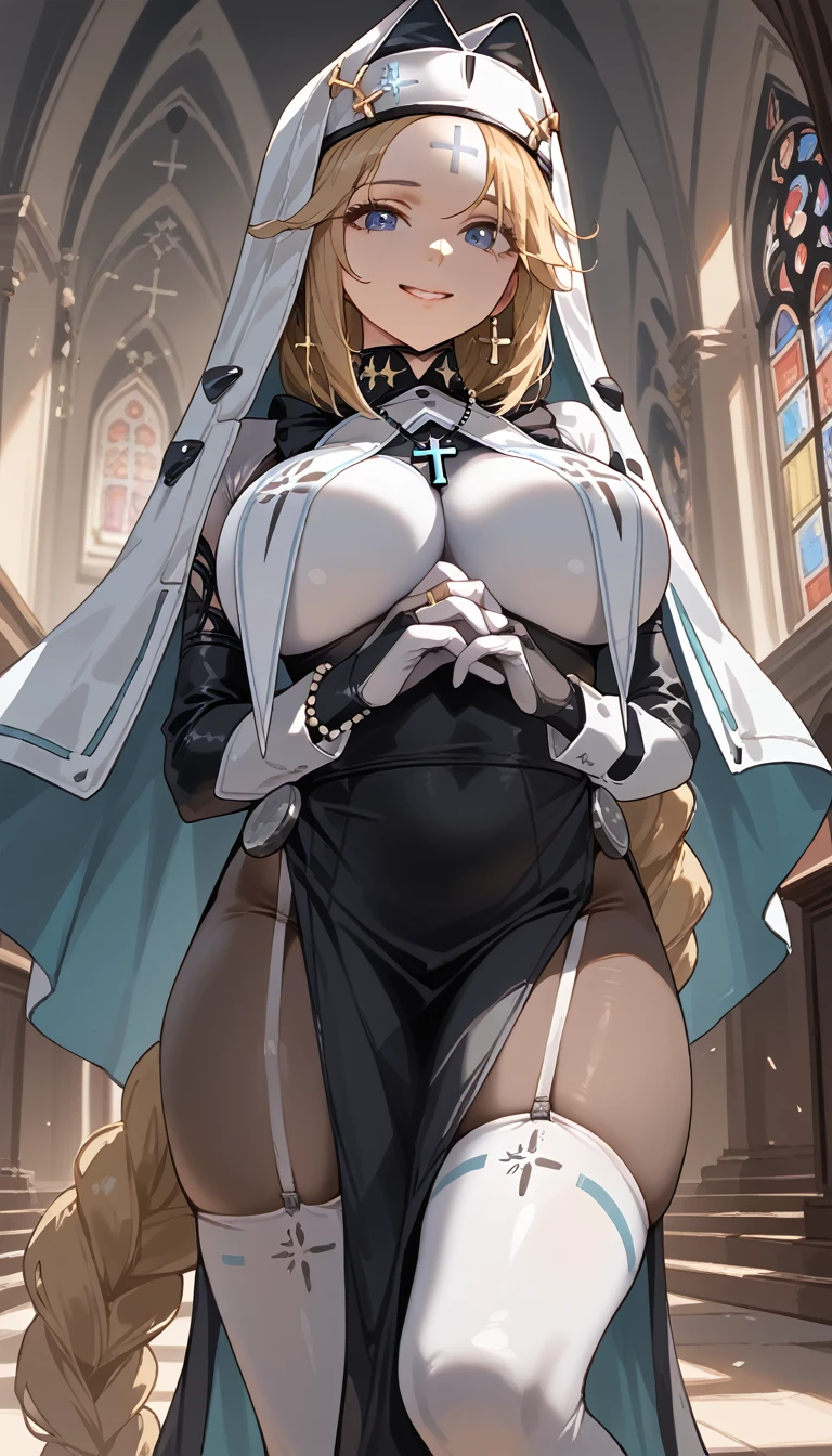 1girl, solo, rpnzlpre, NIKKE, ((masterpiece)), (best quality), (highres), 16K, perfect face, blue eyes, forehead mark, blonde hair, very long hair, braid, habit, nun, white veil, cross necklace, breast curtains, black dress, white shirt, elbow gloves, bodystocking, white thighhighs, garter straps, busty body, large breasts and a beautiful ass, showcasing cleavage, legs, hips, looking at viewer, smile, thigh details, detailed full body, church background