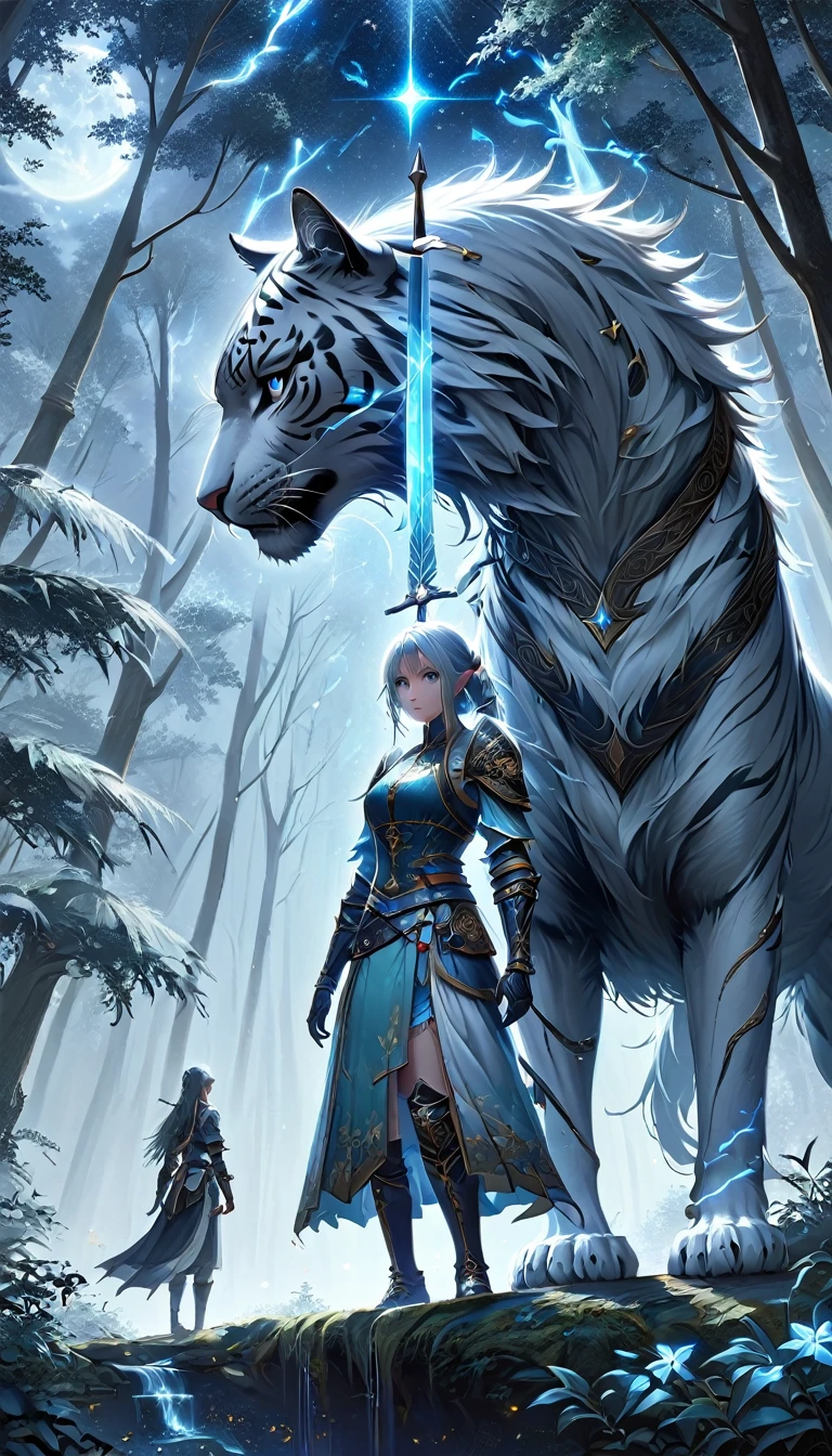 Generate a highly detailed, 8K, ultra-detailed, masterpiece-quality image of an epic female drow ranger in a dynamic, wide-angle shot, set in a dark, enchanted forest. The drow, with long, thick white hair and intense eyes, wears intricate leather armor and boots, her black skin contrasting with the magical blue glow of her epic sword. The glowing sword pulses with energy, casting blue light over the forest. She stands confidently, speaking with a majestic white tiger, whose fur is detailed with intricate patterns. At her side, a fierce white wolf sits, both loyal and vigilant. The moonlight filters through the trees, illuminating the scene with soft light and casting shadows over the foliage, while stars twinkle in the sky. Clouds swirl above, adding to the mystical atmosphere. The composition is dynamic and filled with intricate, photorealistic details, creating an epic fantasy scene with RPG and DnD art inspiration.