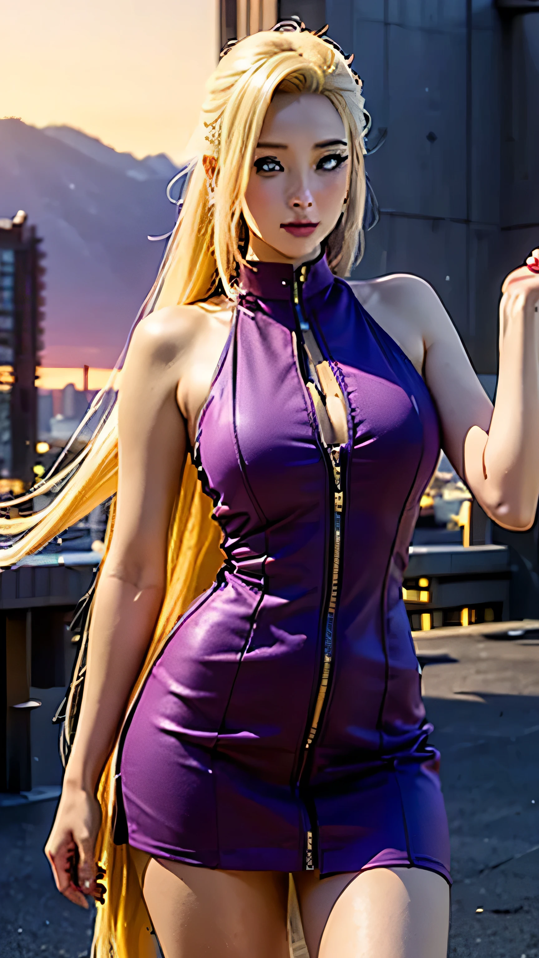 (best quality, ultra-detailed, realistic:1.37), long, flowing yellow hair, beautiful, sparkling blue eyes, captivating smile, wearing a vibrant purple outfit, intricate details on the clothes, bustling city background with tall buildings and bright lights, a single female figure, Ino from the anime "Naruto Shippuden".