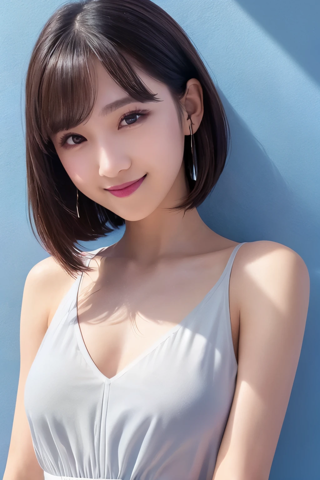 ((photorealistic:1.2)),((ultra detailed)),((sharp:1)), 1girl,22yo, solo, ((smiling)),brown short hair, crystal clear white skin,original, realistic, looking at viewer, straight on Shot, upper body, shirt, white shirt,lips, brown hair, parted lips, photo-referenced, real life, simple background, natural makeup, pink lips, blue background, grey background, lipstick, dress,shadow, bangs.((8K)),((upper body)),((slender)),wearing w white blause