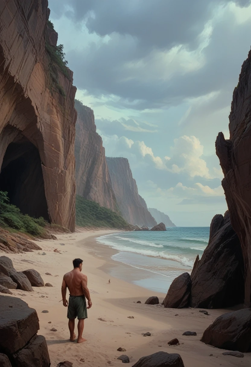 balor, full body, on a deserted rocky beach