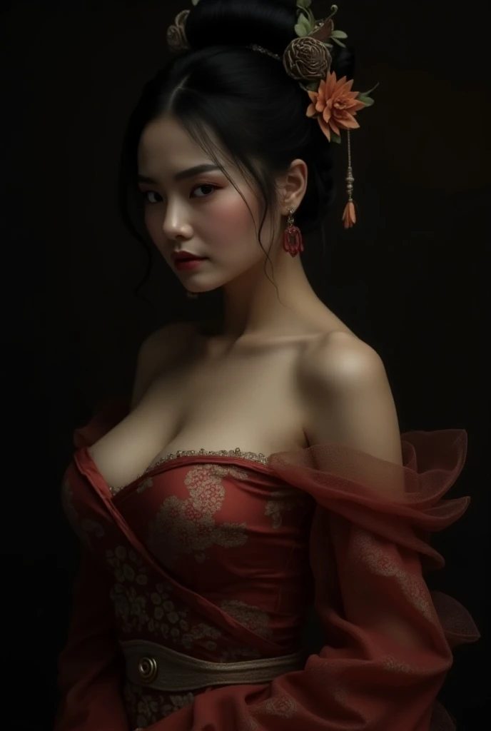 a 30 year old chinese woman poses naked for professional nude photos in the forbidden city in beijing china. full pubic hair, red traditional silk robes. high quality. vivid colors. professional lighting. faux photography