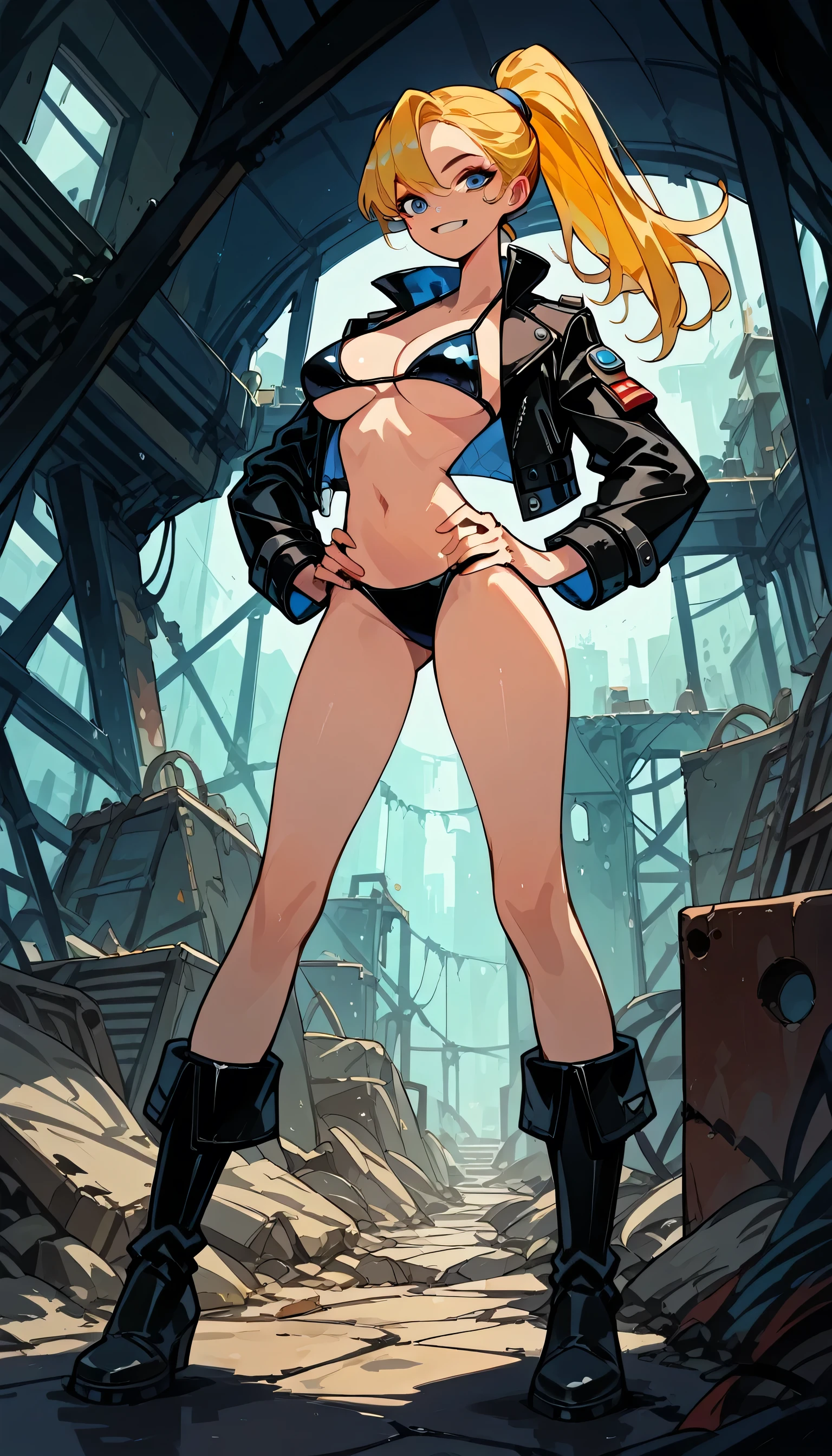 Masterpiece, best quality, Masterpiece, best quality, 1 woman , blue eyes , yellow ponytail , black leather jacket , sly face , smile , bikini , abdomen, big breasts , Long legs , boots , hands on hips , abandoned factory , at night