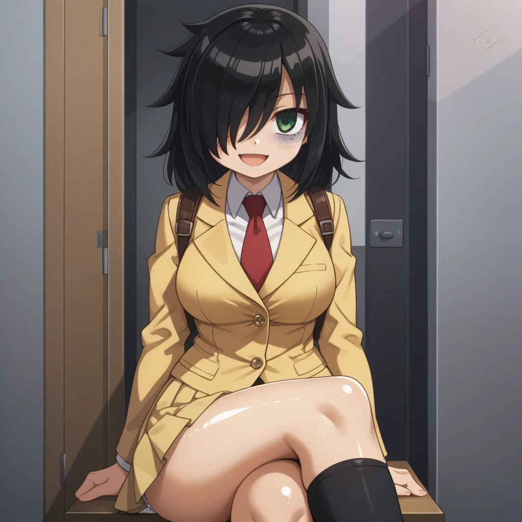 score_9, score_8_up, score_7_up,, solo, source_anime, tomokoxl, bags under eyes, hair over one eye black hair, medium hair, school uniform, red necktie, yellow skirt, short skirt, pleated skirt, yellow jacket, standing, cowboy shot, sitting, crossed legs, thick thighs, shiny skin, focus in crossed legs, underwear, white underwear, shiny underwear, lace underwear, white lace underwear, shiny lace underwear, panties, white panties, shiny panties, only crossed legs pose, sexy crossed legs, perfect crossed legs, sexy legs, big thighs, oiled thighs, oiled legs, smile, open mouth, glowing green eyes, evening time, dark room, breast, big breast, sheer knee highs, black knee highs, black sheer knee highs, backpack, leather backpack, brown backpack, focus in crossed legs, focus in legs, blushing, no shoes, cute feet, cute legs,