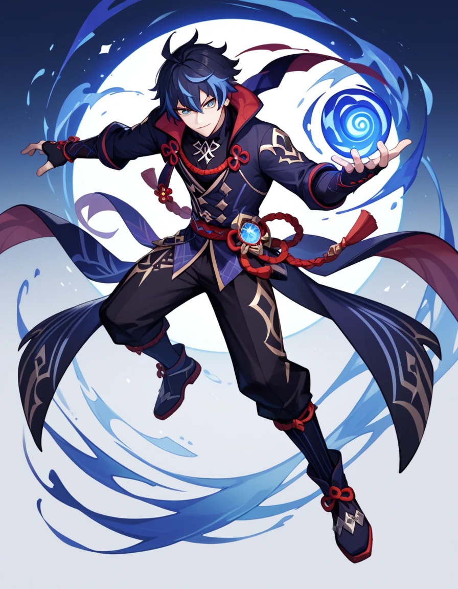 Human Male, Black hair,Dark blue highlights ,Genshin Impact Game Style  ,Full body , blue pupils ,Gacha Splash Alter