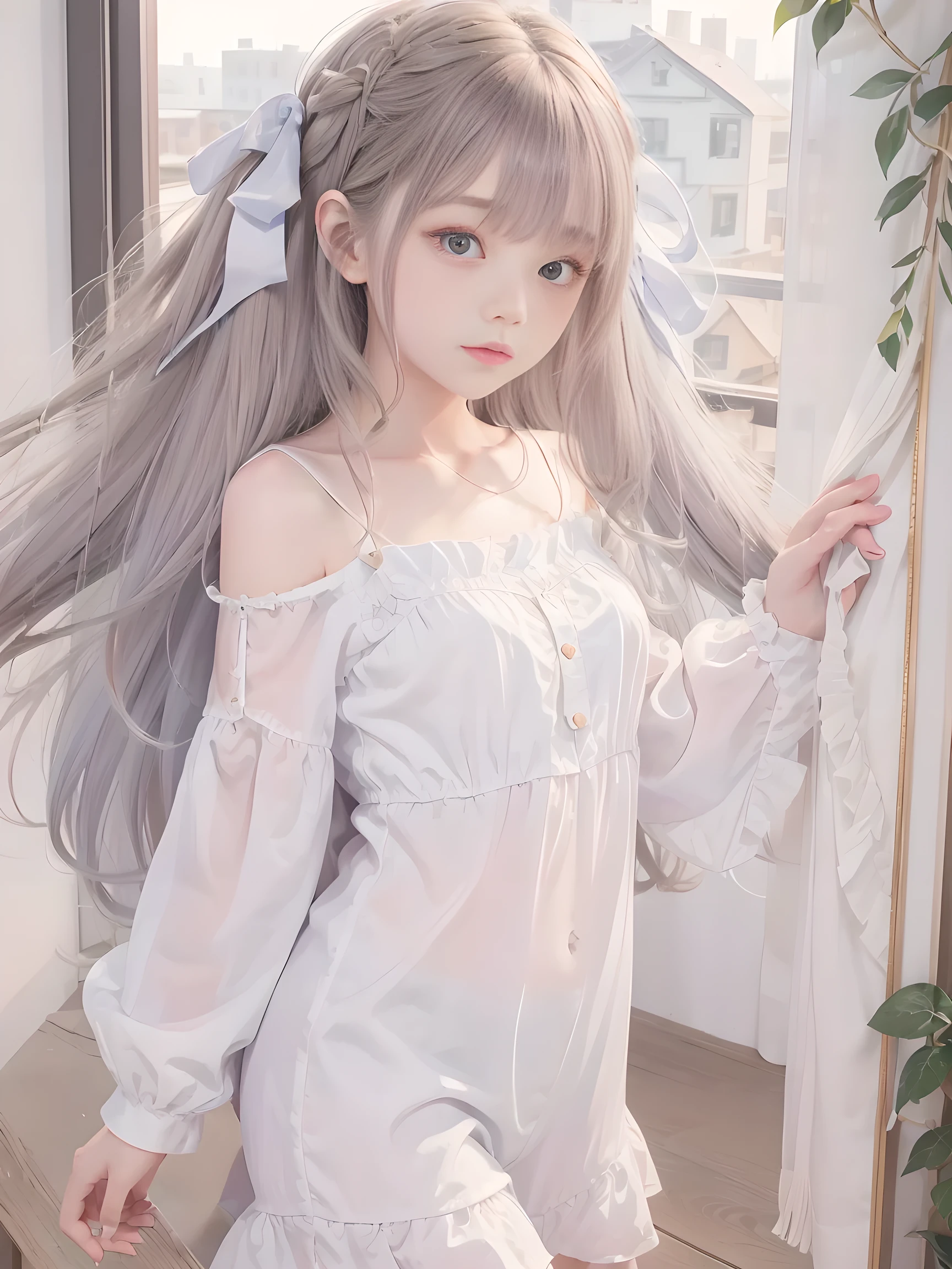 (masterpiece、Best Quality、Best Quality、beautiful, beautiful:1.2)、 simple background、From afar、(Watercolor 1.5)、(Pigment Thin 1.5)、 curly hair、 half up twin tail、 Hair Ribbon、 1 girl、Bibi-chan、( fractal art :1.3)、Blonde、Silk camisole、Cheeky