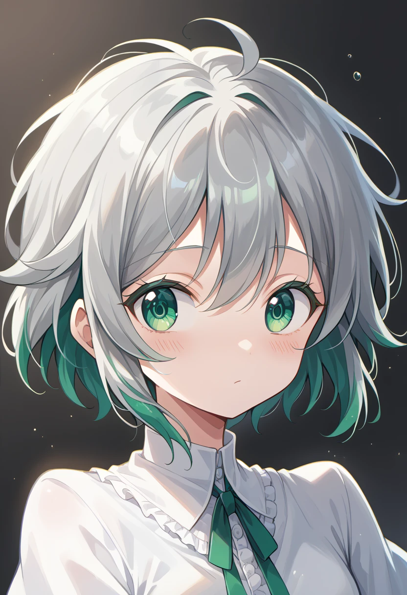 NSFW,Highest quality, Intricate details,, One cute and , short Hair, grey Hair, Messy Hair, green highlights, Hair on two eyes, Full Art,Character portrait, cute face, blushing, túnica blanca , bonito gorro blanco