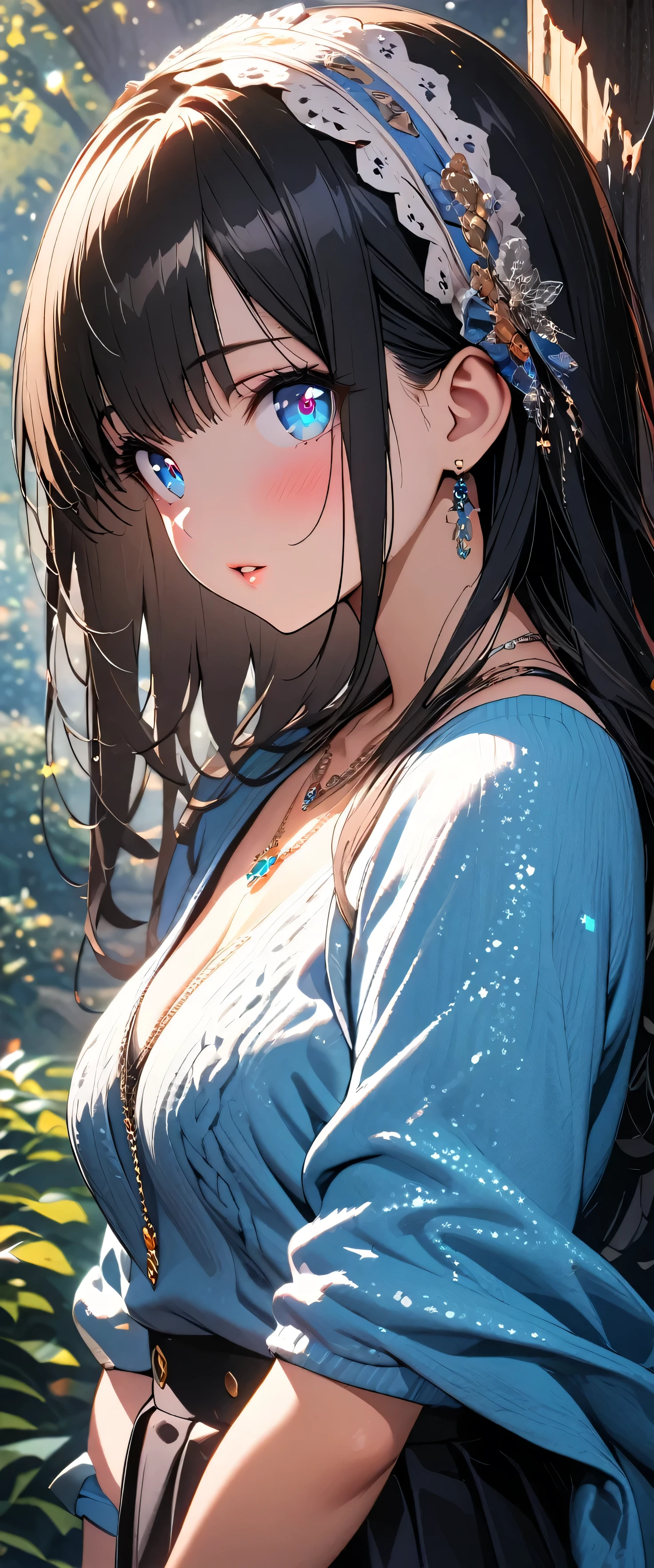 (beautiful girl: 1.3),1girl ,masterpiece,Ultra-high resolution, rich contrasts,Very high quality,8k,very detailed CG unit wallpaper,Texture,So ridiculous,RAW Photos,Highest quality anime,Depth of written boundary,ultra-detailed eyes,Glowing Skin,Glitter Effect,Beautiful glossy lips,fumika sagisawa, blue eyes, black hair, hair band, long hair, hair over eyes,blue sweater, collarbone, jewelry, necklace, shawl, sweater, skirt,garden,Sunlight filtering through the trees,(from side:1.5),stuffed animal