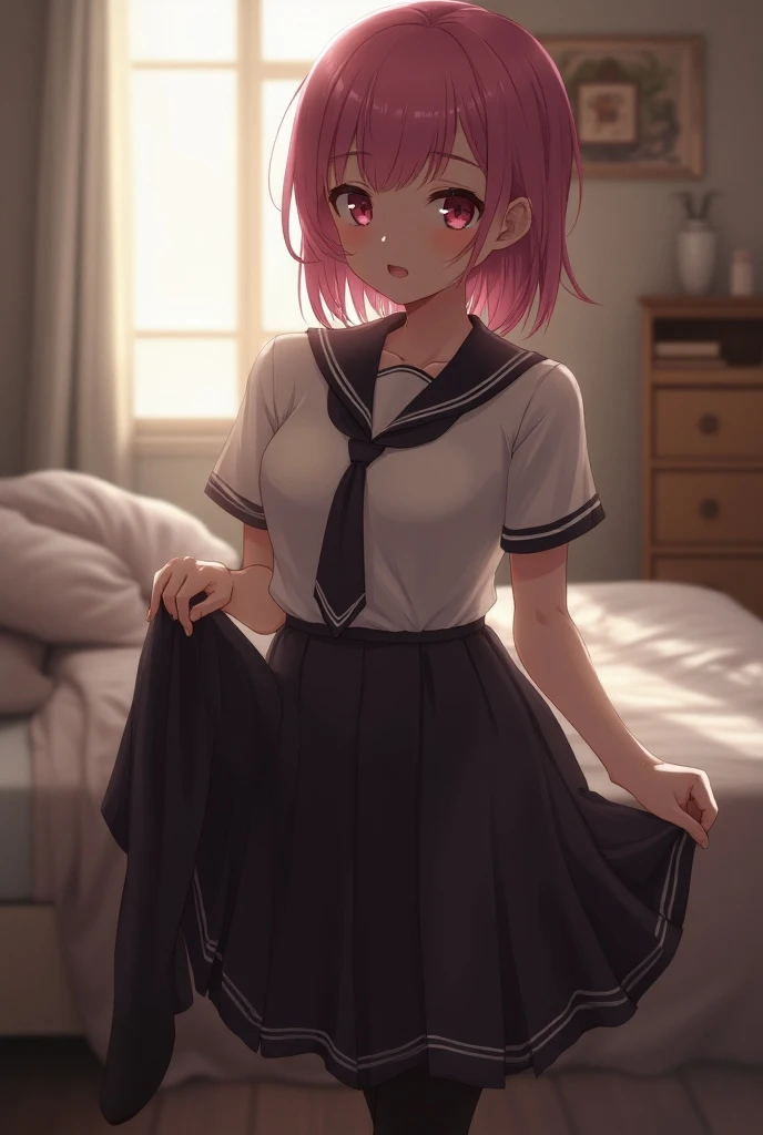 Top quality，Ultra-detailed CG art，big eyes，masterpiece, best quality, HD, whole body，1 Girl，short and small，Flirty，Red eyes， Pink Hair,，Hairpin, Wear a white blouse，Wearing a black pleated skirt，White fat，Lying on the bed with bare shoulders, bedroom, Shy, blush,exposed，White pantyhose，No shoes，，