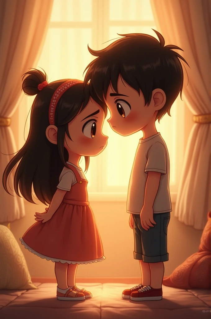 A boy siting on the floor but girl standing with him