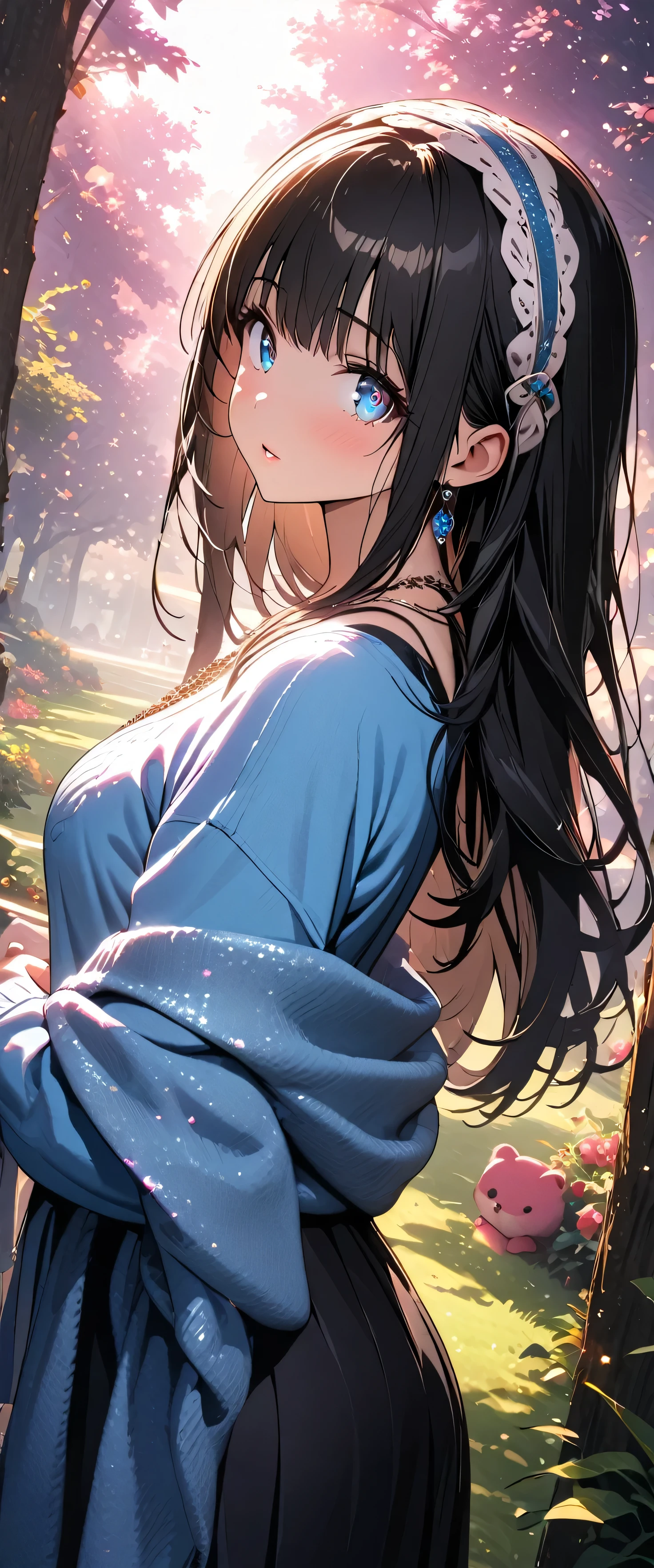 (beautiful girl: 1.3),1girl ,masterpiece,Ultra-high resolution, rich contrasts,Very high quality,8k,very detailed CG unit wallpaper,Texture,So ridiculous,RAW Photos,Highest quality anime,Depth of written boundary,ultra-detailed eyes,Glowing Skin,Glitter Effect,Beautiful glossy lips,fumika sagisawa, blue eyes, black hair, hair band, long hair, hair over eyes,blue sweater, collarbone, jewelry, necklace, shawl, sweater, skirt,garden,Sunlight filtering through the trees,(from side:1.5),stuffed animal