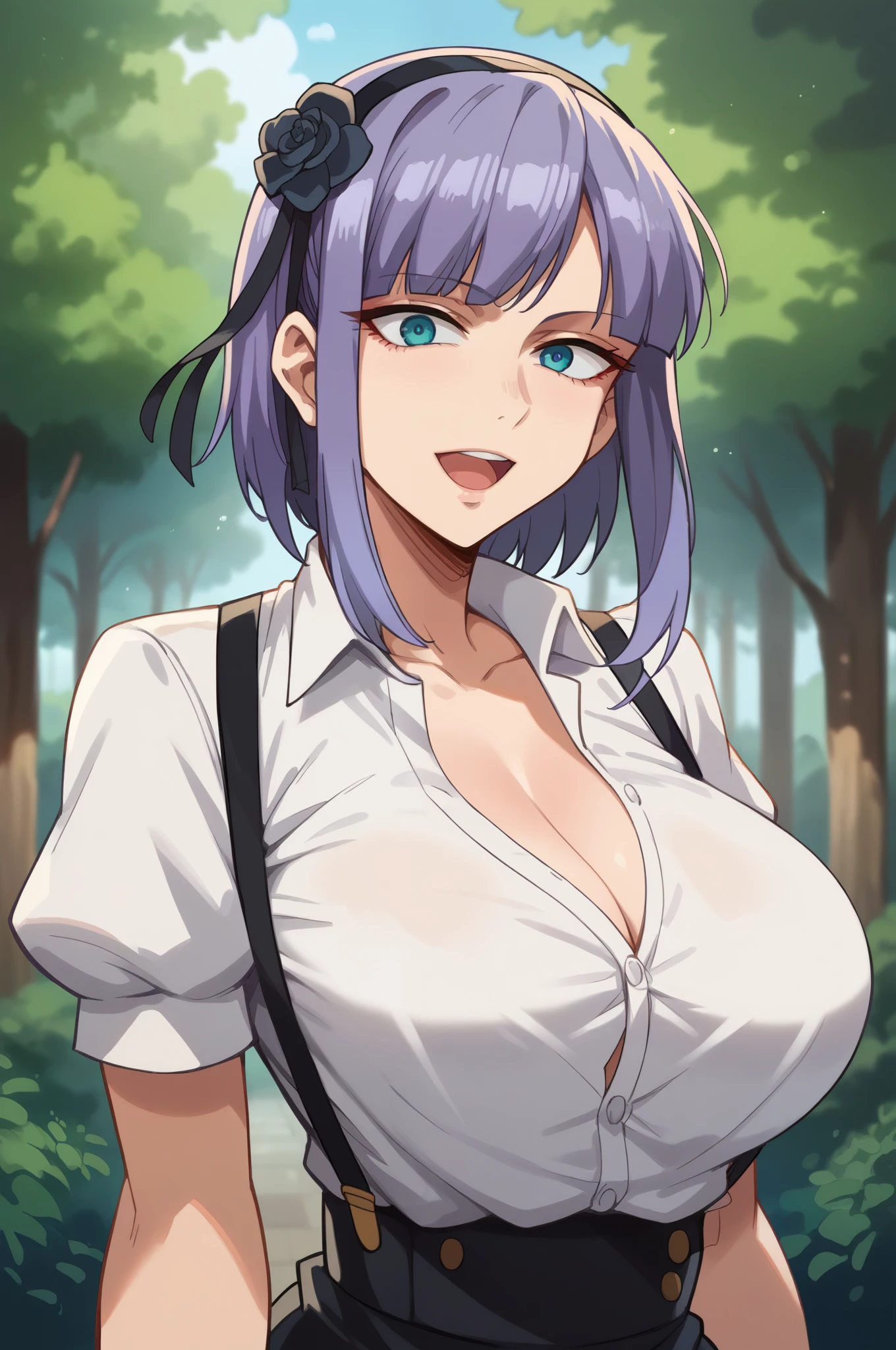 masterpiece, best quality, ultra-detailed, illustration, colorful, flat color, depth of field, lens flare, 1girl, hotaru shidare, purple hair, blue eyes, short hair, hair flower, hair band, hair ornament, anime, closeup, upper body, cowboy shot, looking at viewer, at forest, unbuttoned white shirt, suspenders, detailed skin texture, beautiful detailed face, open mouth, excited, inviting, seductive, alluring attire, collarbone, huge breasts, curvy, voluptuous, curvaceous, milf, puffy sleeves, short sleeves