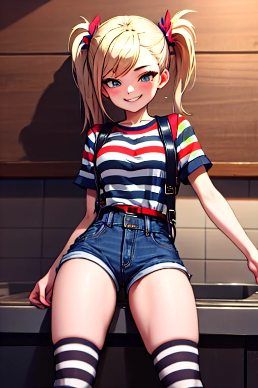 ((Masterpiece, best quality)),edgQuality,smirk,smug,bimbo glossy,
edgHJ,striped clothing, a woman in a jail outfit posing for a picture ,wearing ( Denim shorts:1.1)
