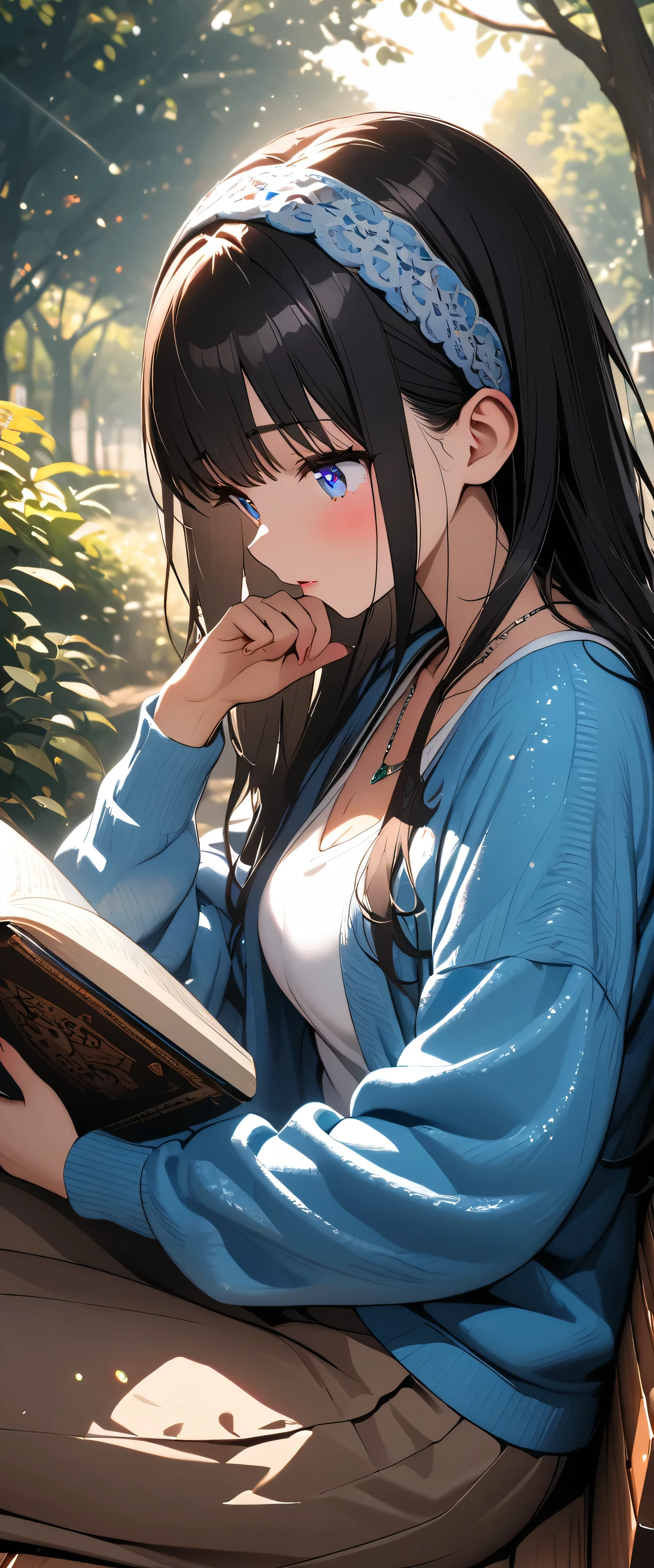 (beautiful girl: 1.3),1girl ,masterpiece,Ultra-high resolution, rich contrasts,Very high quality,8k,very detailed CG unit wallpaper,Texture,So ridiculous,RAW Photos,Highest quality anime,Depth of written boundary,ultra-detailed eyes,Glowing Skin,Glitter Effect,Beautiful glossy lips,fumika sagisawa, blue eyes, black hair, hair band, long hair, hair over eyes,blue sweater, collarbone, jewelry, necklace, shawl, sweater, skirt,reading,garden,Reading a book on a bench,Sunlight filtering through the trees,(from side:2.0)