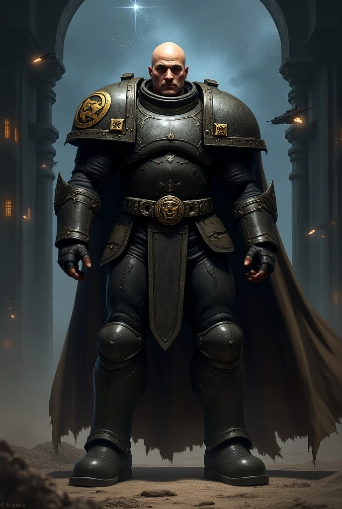 man. legs with boots. with armor. calvo. Without Beard. The background of the portrait is a dark castle, with spaceships. The sky has stars . Warhammer 40000 art and design.