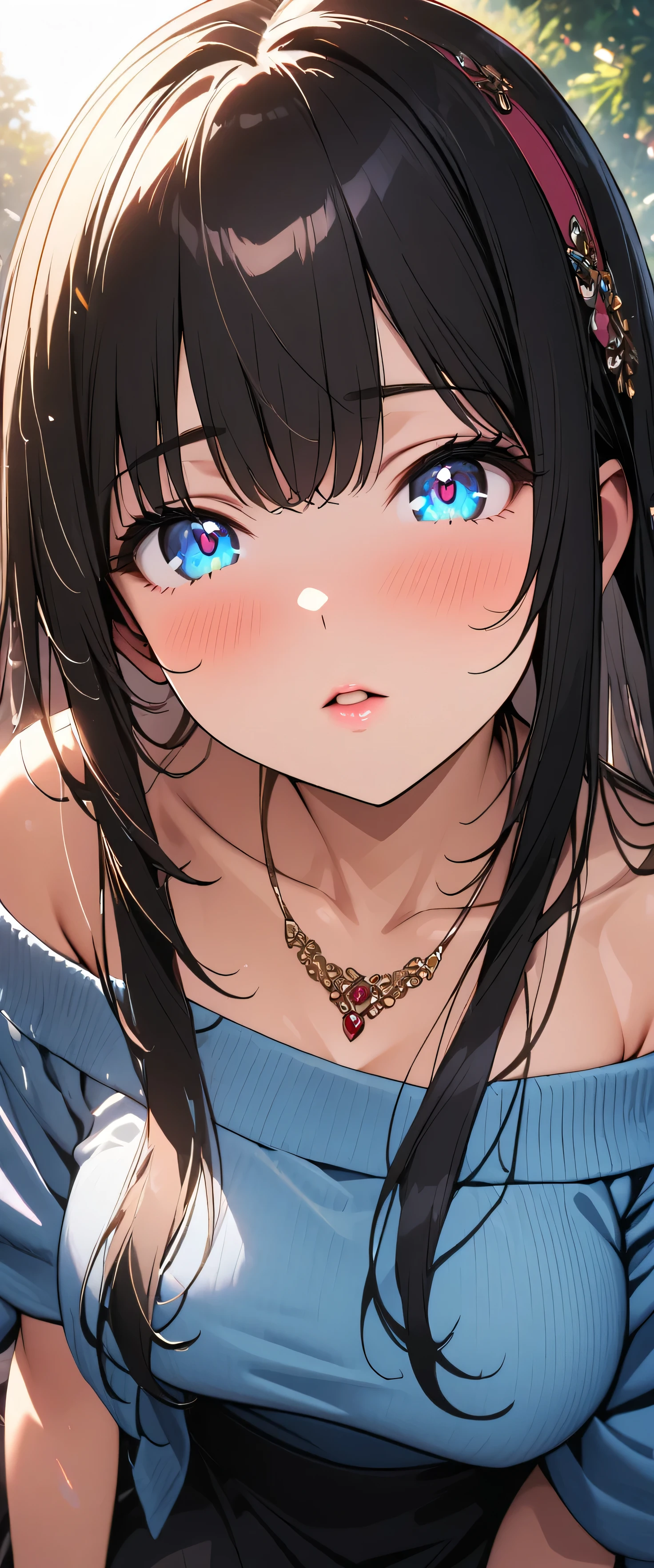 (beautiful girl: 1.3),1girl ,masterpiece,Ultra-high resolution, rich contrasts,Very high quality,8k,very detailed CG unit wallpaper,Texture,So ridiculous,RAW Photos,Highest quality anime,Depth of written boundary,ultra-detailed eyes,Glowing Skin,Glitter Effect,Beautiful glossy lips,fumika sagisawa, blue eyes, black hair, hair band, long hair, hair over eyes,blue sweater, collarbone, jewelry, necklace, shawl, sweater, skirt,garden,Sunlight filtering through the trees,Kiss me,(Close up on the eyes:1.5)