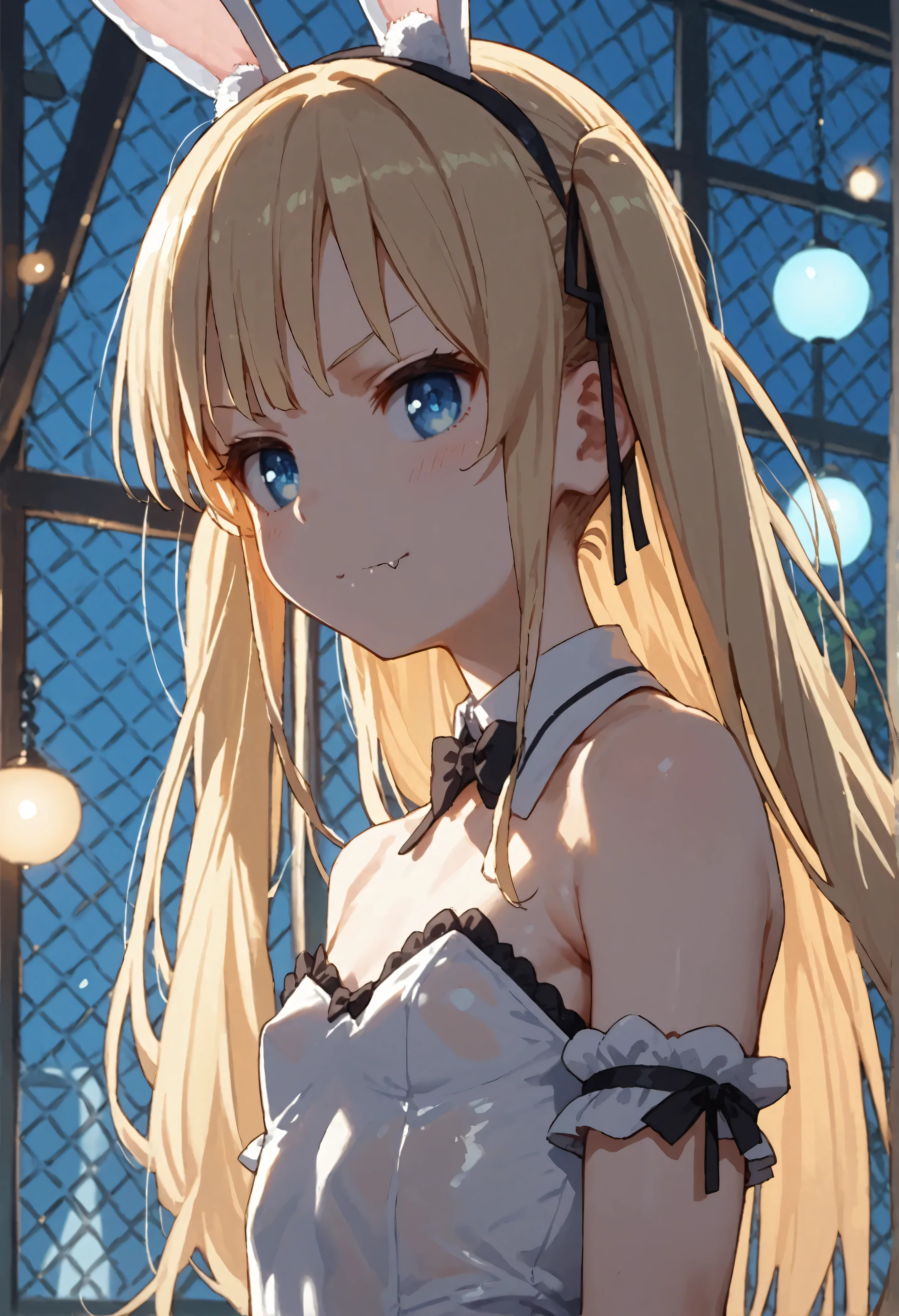 score_9, score_8_up, score_7_up, source_anime,anime,1girl,Eriri,blonde hair,blue eyes,sawamura spencer eriri,long hair,fang,small breasts,flat chest,twintails,black ribbon, transparent bunny girl, wrist cuffs, detached collar