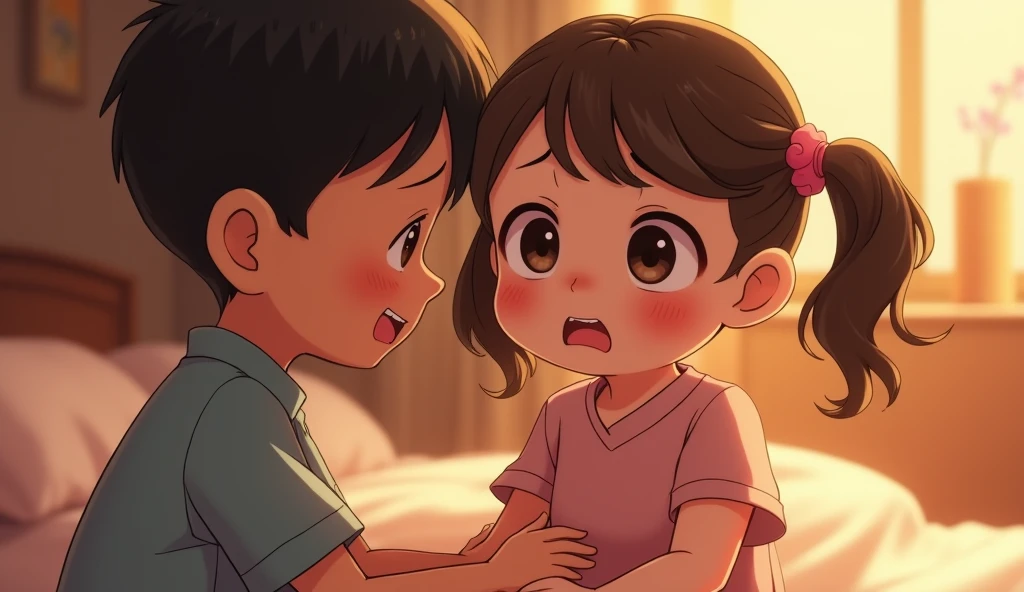 The anime boy and girl playing wrestling with each other boy was sitting on the girls back and the girl was crying loudly