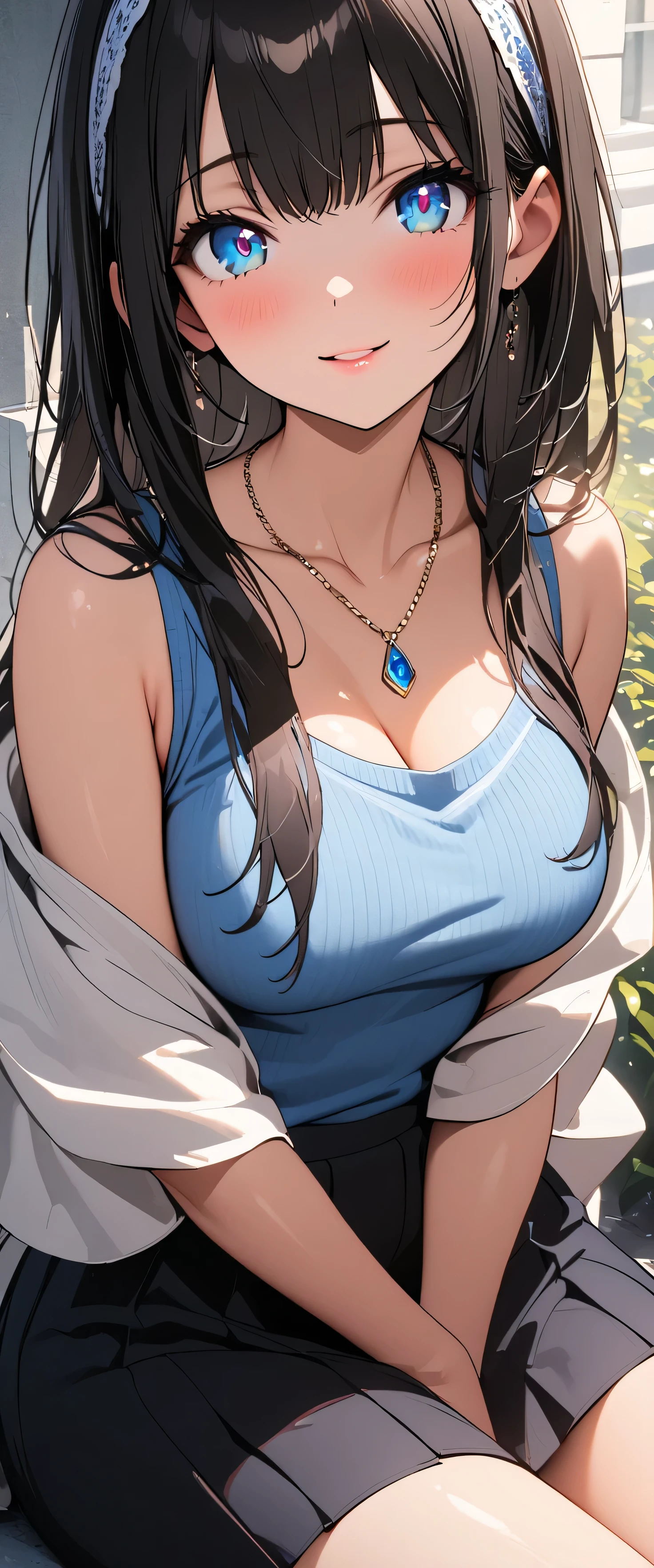 (beautiful girl: 1.3),1girl ,masterpiece,Ultra-high resolution, rich contrasts,Very high quality,8k,very detailed CG unit wallpaper,Texture,So ridiculous,RAW Photos,Highest quality anime,Depth of written boundary,ultra-detailed eyes,Glowing Skin,Glitter Effect,Beautiful glossy lips,fumika sagisawa, blue eyes, black hair, hair band, long hair, hair over eyes,blue sweater, collarbone, jewelry, necklace, shawl, sweater, skirt,A light smile,University,Take a lecture