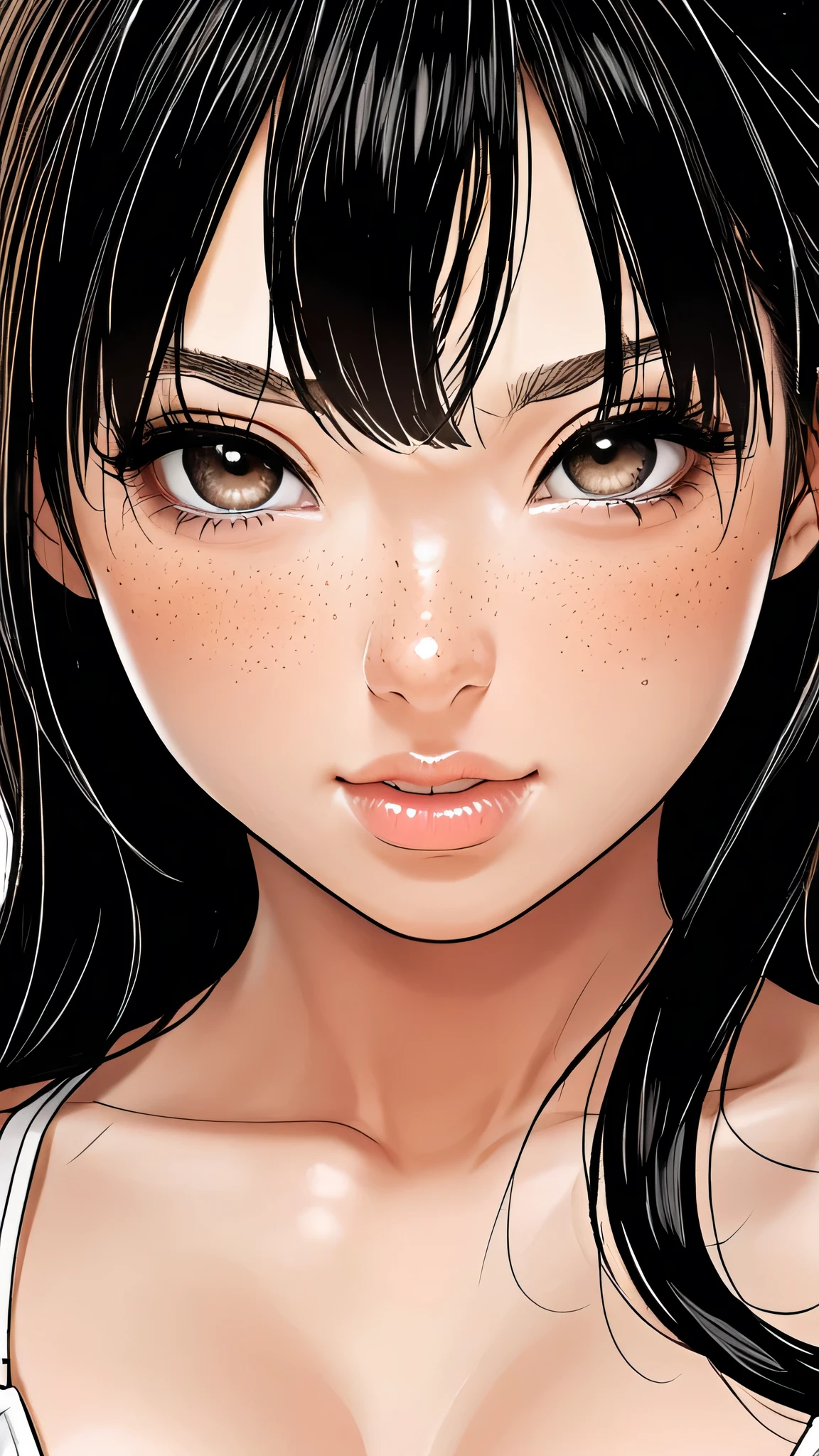 {high definition image}, asian high school girl, long hair, pointed nose, thin lips, busty, freckles on the face, wearing a mini bikini, looking at the viewer with a neutral expression, {centered image}, {close up on face}, {just face and chest photo}, Manga lineart, mouth open, heavy blushing, arms behind back,