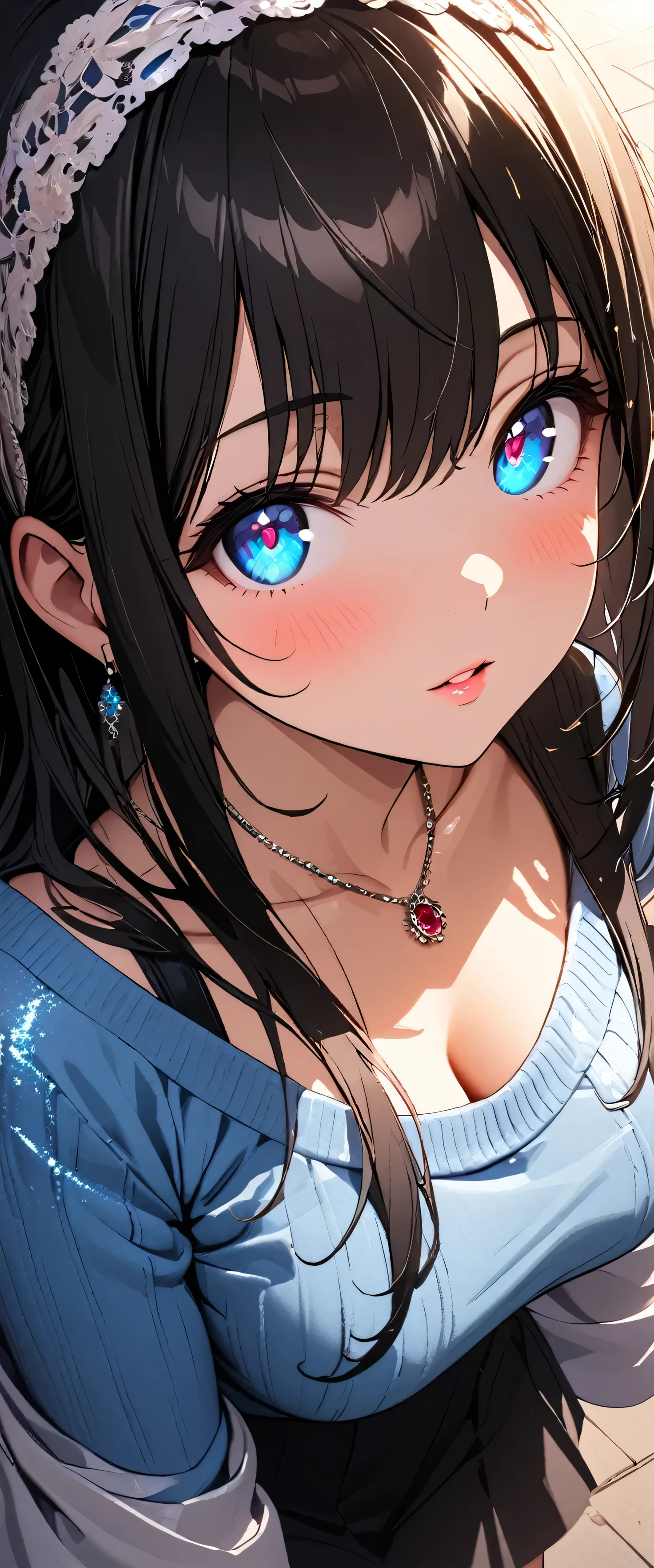 (beautiful girl: 1.3),1girl ,masterpiece,Ultra-high resolution, rich contrasts,Very high quality,8k,very detailed CG unit wallpaper,Texture,So ridiculous,RAW Photos,Highest quality anime,Depth of written boundary,ultra-detailed eyes,Glowing Skin,Glitter Effect,Beautiful glossy lips,fumika sagisawa, blue eyes, black hair, hair band, long hair, hair over eyes,blue sweater, collarbone, jewelry, necklace, shawl, sweater, skirt,University,Sunshine,