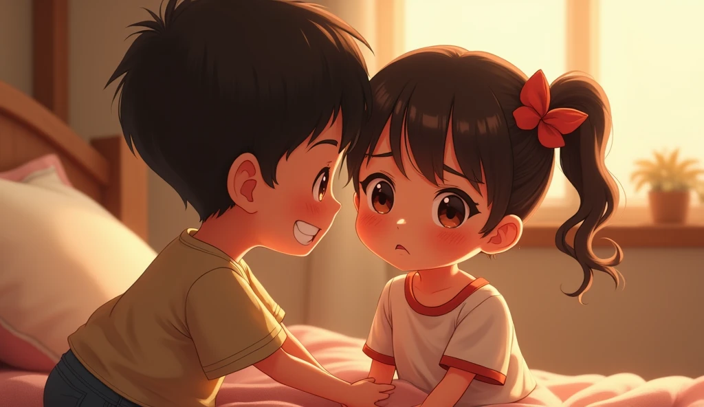 An anime boy tried to wake up his mother