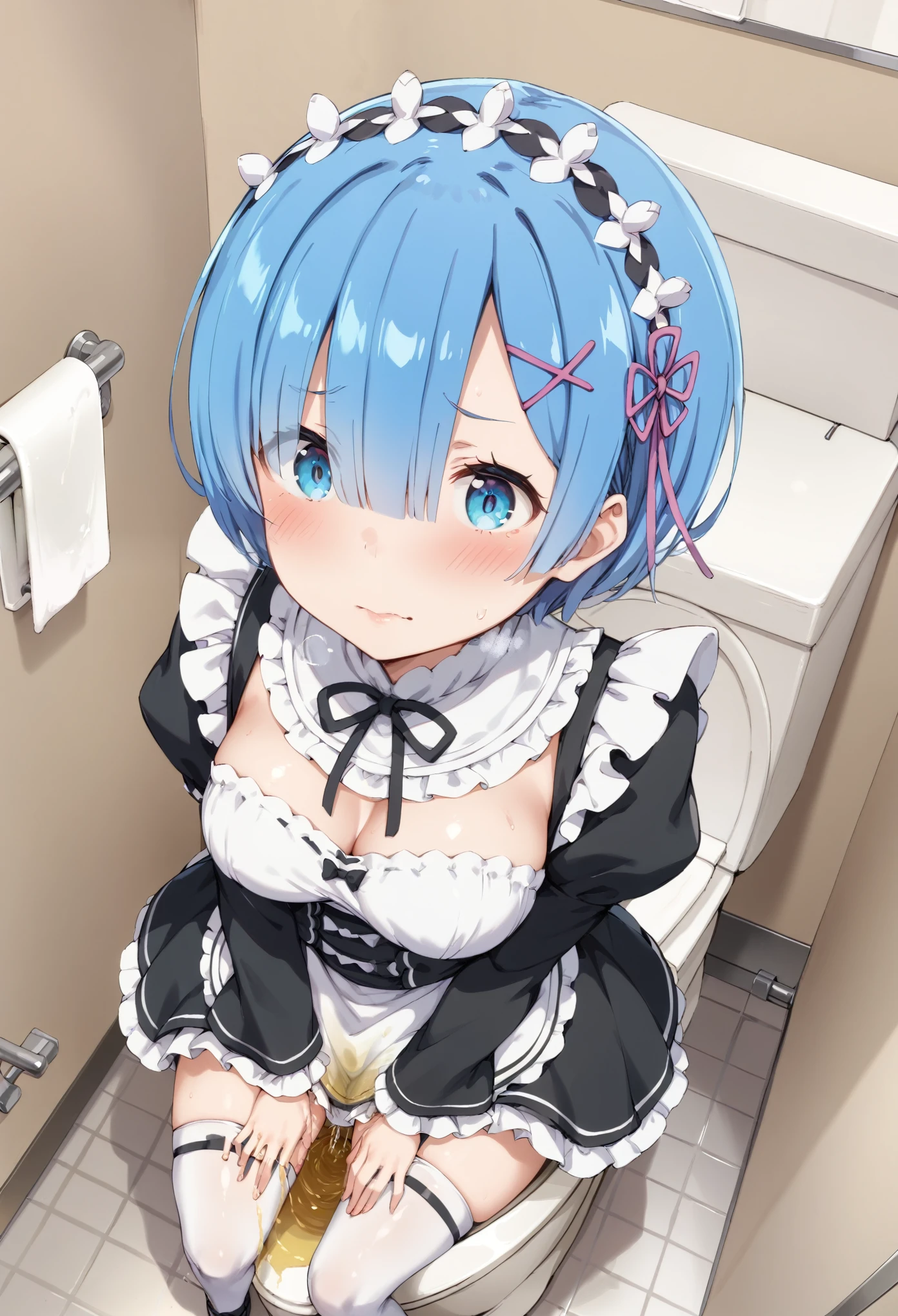   score_9,    score_8_up,   score_7_up, sauce_One Girl、1 person, Big Eyes、  Embarrassed face、  light blue hair,   short bob hair、Rem、(Sit on the toilet:1.3、Crossing the toilet:1.3), (Lower body naked), best quality, ( Difficulty breathing),)    fantasy  , (((Peeing:1.1、Normal location、excretion、Toilet Peek 、  I have a lot of pubic hair:1.3、Huge Vagina、Detailed cervix、Big labia、I have a lot of pee:1.4))), (multi angle), (Maid uniform:1.2), (Shot from above:1.3), (Dark Lab), room, night, ( Big onomatopoeia:1.3),