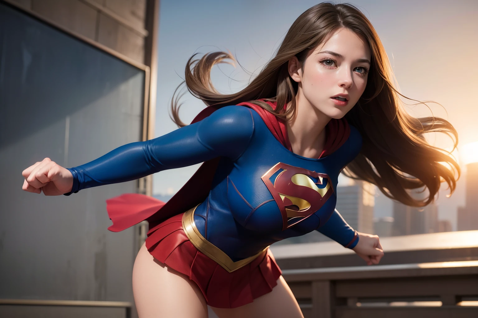(Masterpiece, Best Quality, Best Quality, Official Art, Beautiful and Aesthetic:1.2), (1 Girl)Beautiful Body, Detailed Face, Maximum Details, Neutral Colors, HDR, Subdued Colors, , Hyper Detailed, Masterpiece, 8K, wallpaper, (detailed), high quality, ((high detailed skin, skin details)), sharp focus, 8K uhd, film grain,Supergirl ,strong wind from below,Melissa Benoist shouting,White_panties,(upskirt),red_skirt,erect nipple,