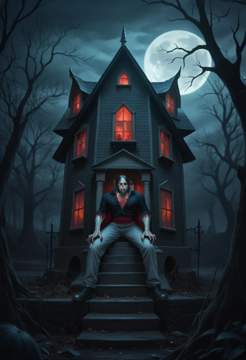 ma_morbius, vampire, full body, in a spooky haunted house