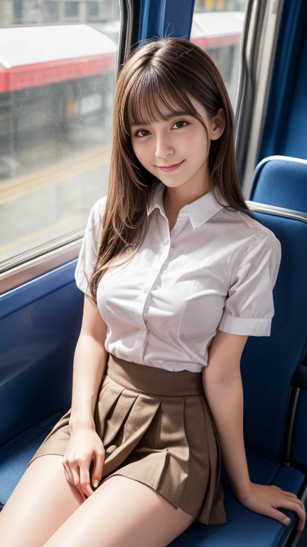 best quality, masterpiece, ultra high res, (photorealistic:1.4), RAW photo,cinematic lighting,(a japanese girl in a short skirt and bow tie sitting on a train:1.2),20 years old,big breasts,(detailed beautiful face:1.5),(real skin:1.5),slender,(thin legs:1.5),(big eyes:1.2),(smiling:1.3),(ponytail:1.5),cute schoolgirl, japanese girl school uniform, wearing japanese school uniform, japanese school uniform, a hyperrealistic schoolgirl, dressed as schoolgirl, hyperrealistic schoolgirl, wearing school uniform, realistic schoolgirl, girl wearing uniform, wearing a school uniform, of a schoolgirl posing, full body, nice skin, glowing skin, nice thighs,glowing thigh, glowing legs,