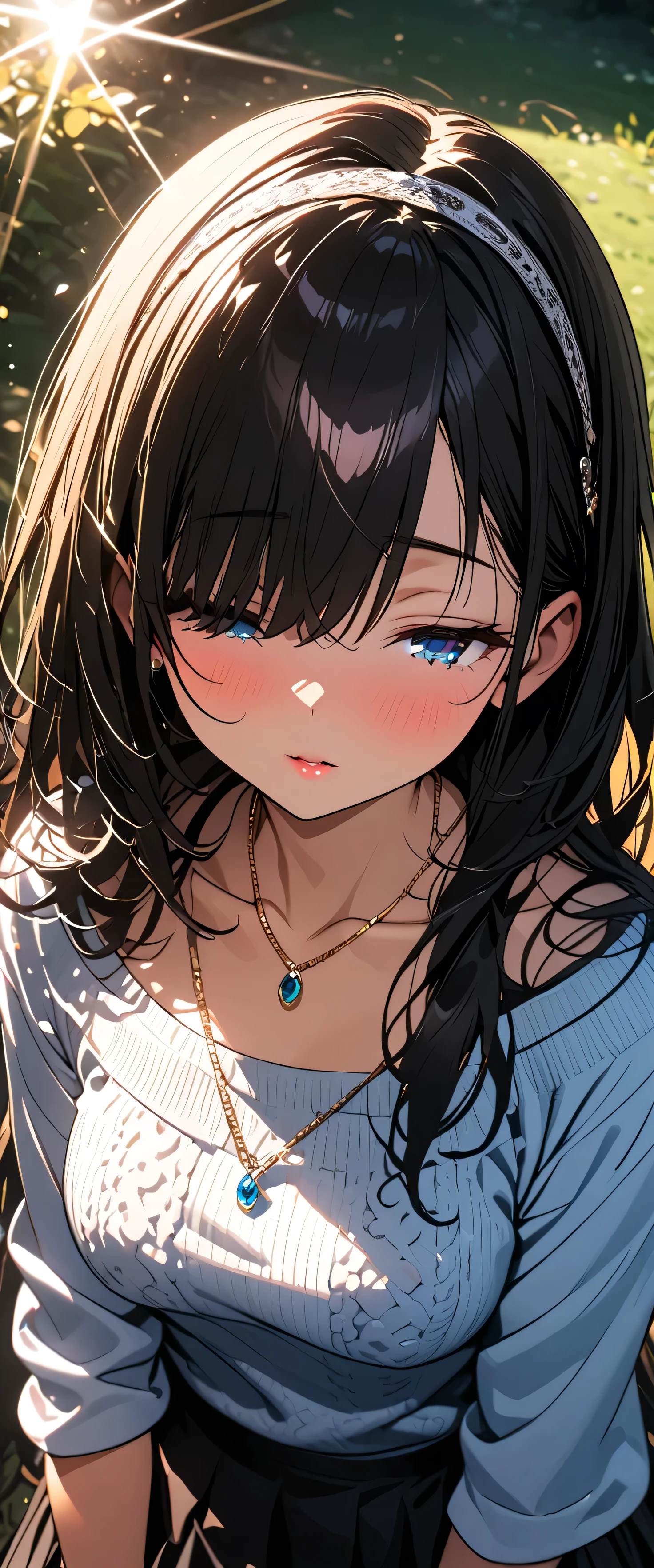 (beautiful girl: 1.3),1girl ,masterpiece,Ultra-high resolution, rich contrasts,Very high quality,8k,very detailed CG unit wallpaper,Texture,So ridiculous,RAW Photos,Highest quality anime,Depth of written boundary,ultra-detailed eyes,Glowing Skin,Glitter Effect,Beautiful glossy lips,fumika sagisawa, blue eyes, black hair, hair band, long hair, hair over eyes,blue sweater, collarbone, jewelry, necklace, shawl, sweater, skirt,garden,Sunlight filtering through the trees,Kiss me,(Close up on the eyes:2.0)