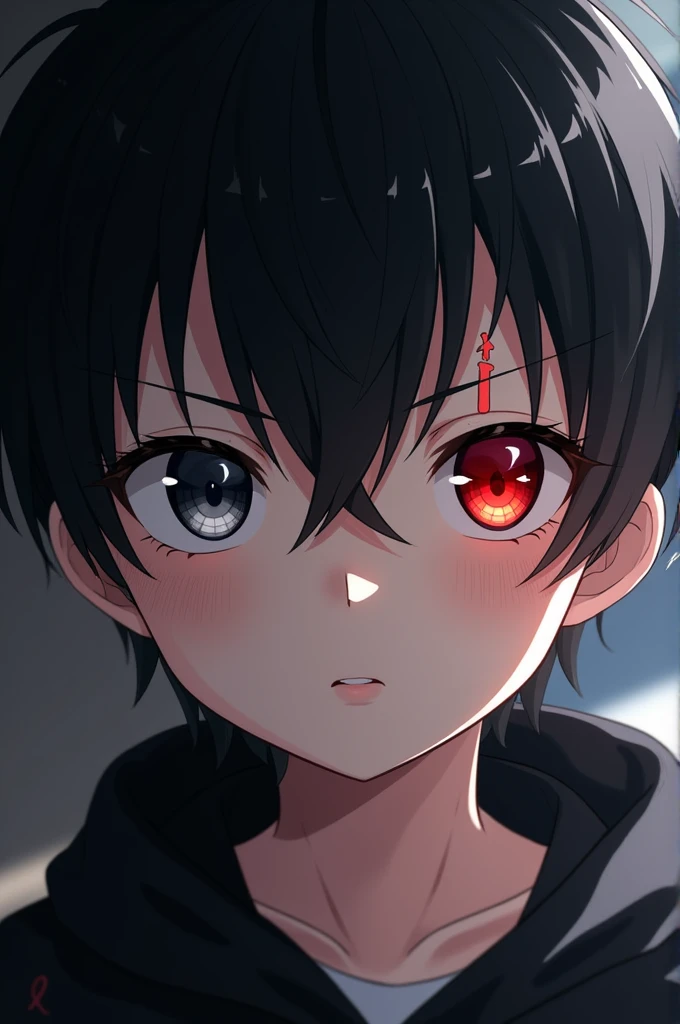 Anime boy with glow red eye in left eye and he right eye is black and he have black hair and he have ring of chaos
