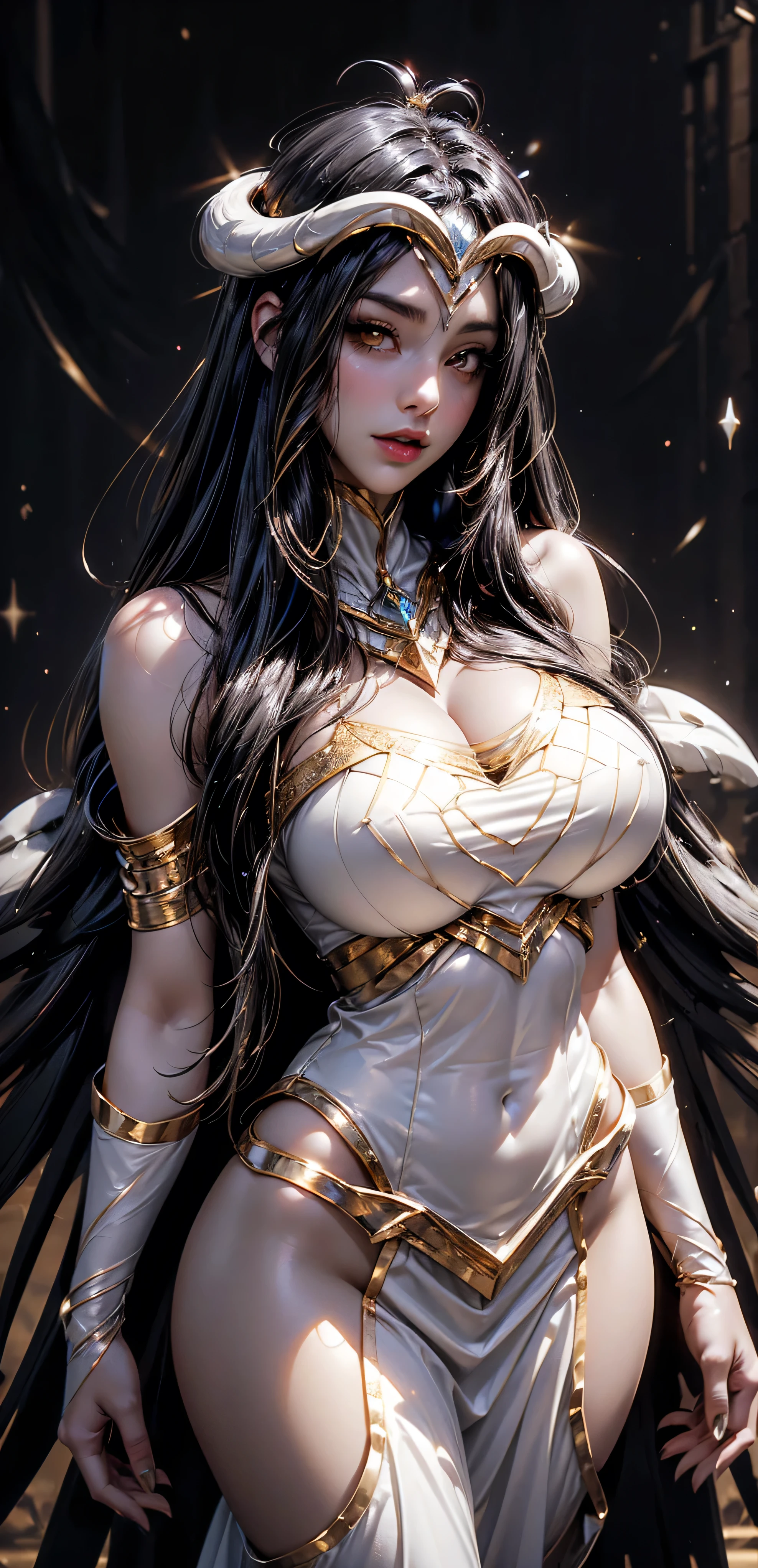 A (super realistic) beautiful sexy woman(albedo _overlord), adorned in white armour(detailed) with gold jewellery on perfect big breast, beautiful breast, black long beautiful hair, hyper detailed black  wings , hold trident in right hand, (full body)(wallpaper style pose)(standing in middle with pride in face)(every thing with best detailing)(gold sparkle in background) (golden particles twinkle in background)