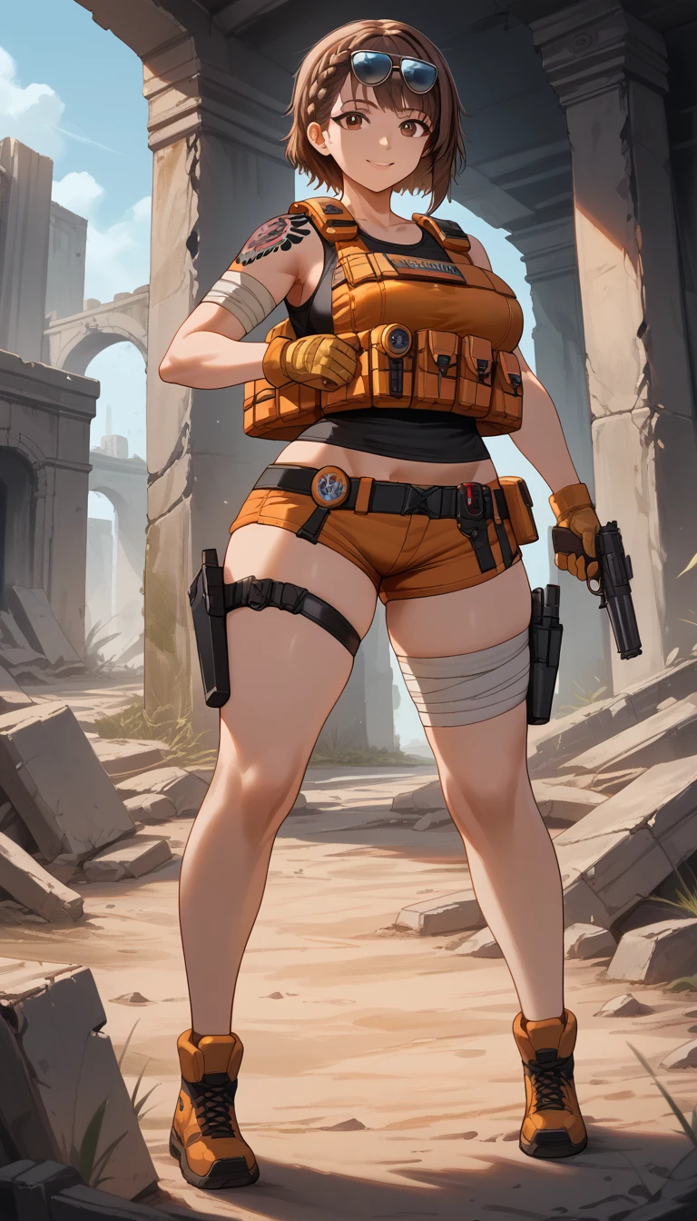 1girl, solo, dltnkk, NIKKE, ((masterpiece)), (best quality), (highres), 16K, perfect face, brown eyes, brown hair, short hair, braid, eyewear on head, shoulder tattoo, load bearing vest, bulletproof vest, bandaged arm, gloves, bandaged leg, bootyshorts, busty body, large breasts and a beautiful ass, showcasing cleavage, legs, hips, looking at viewer, smile, gun, holding gun, thigh details, detailed full body, ruins background