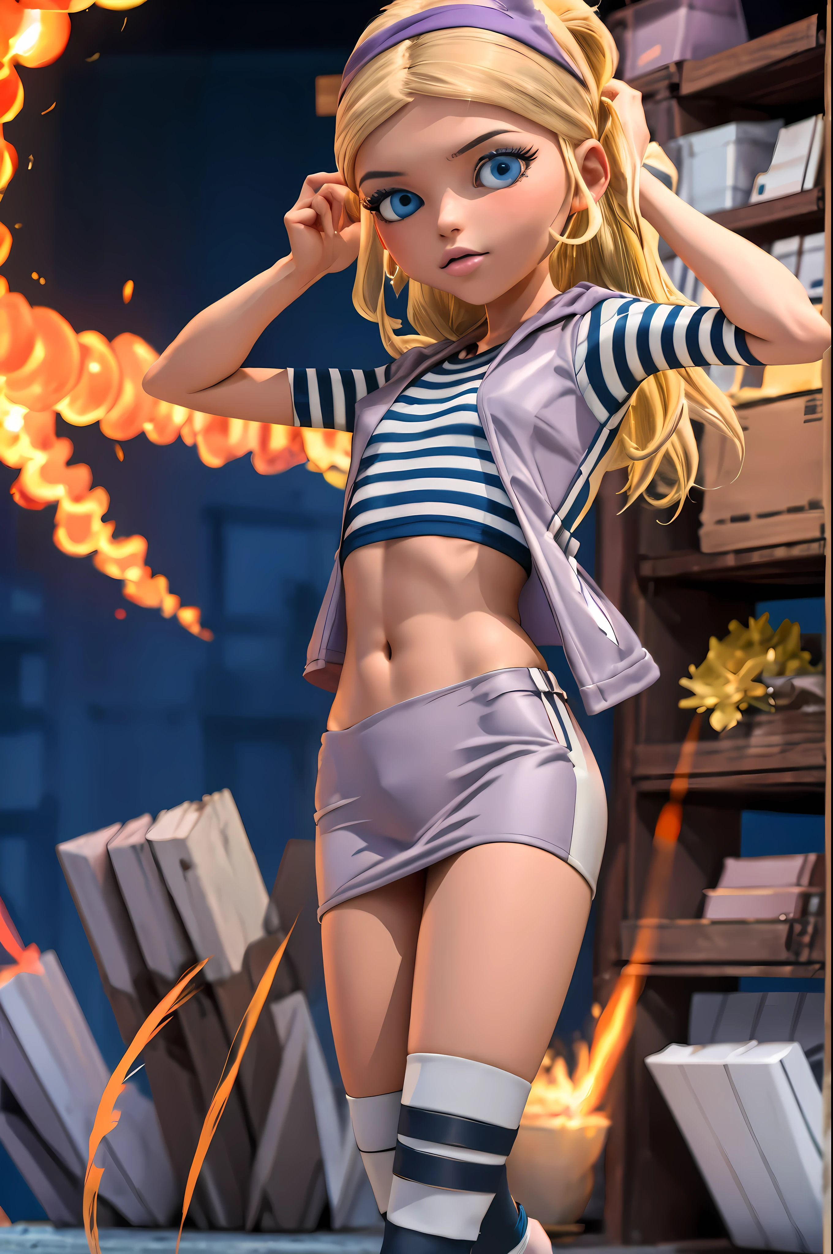 (8k, RAW photo, best quality, masterpiece:1.2), (intricate details), highres, perfect eyes, perfect face, perfect lighting, beautiful, (masterpiece:1.2), (best quality:1.2), 1girl, solo, chloe, blue eyes, blonde, purple beanie, purple vest, purple miniskirt, blue white striped shirt, long purple socks, purple vest, striped shirt, navel shirt, sneakers