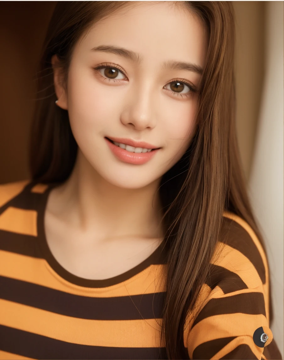 highest quality, figure, super detailed, finely, High resolution, 8k wallpaper, 完璧なダイナミックな構figure, beautiful skin, (Big eyes that shine like jewels), 20 year old beautiful girl, natural color lip, (sexy pose), Chest middle, smile, Highly detailed face and skin texture, Detailed eyes, Double eyelid,leaking teeth and laughing, close-up,   Brown hair long hair, (bright yellow sweater:1.2), garden