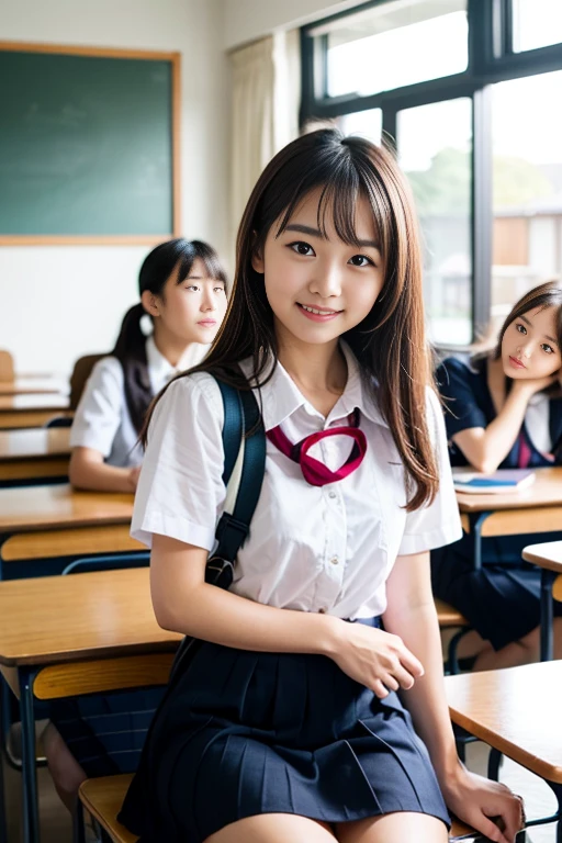middle School girls、Student uniform、In the classroom、Sit at a desk、Black Skirt、White shirt、Black Hair、Asian、10th Generation、1 person、White panties、Skirt flipped up、Cute smile、Large Breasts