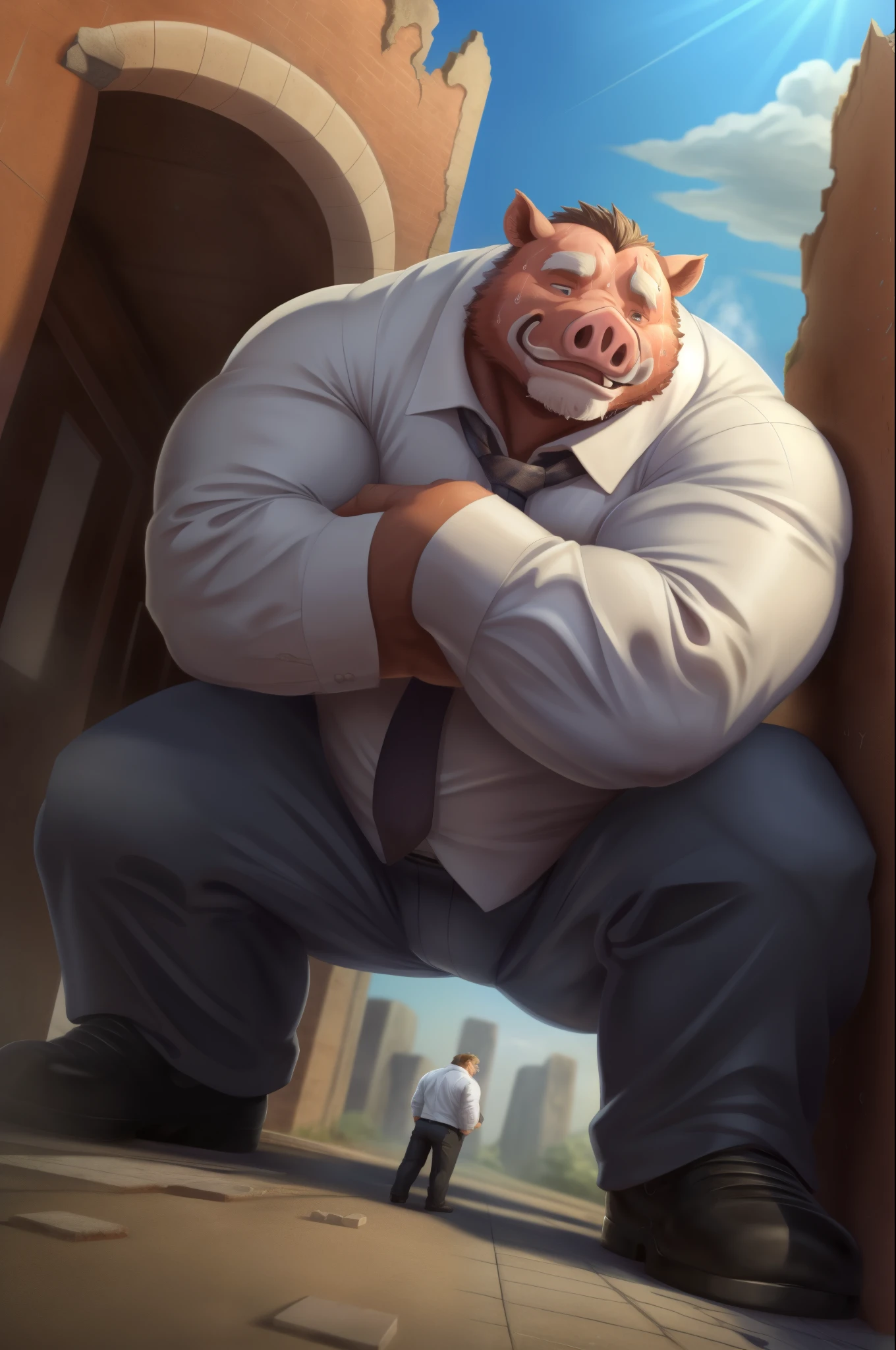 author: bontiage, (1 boy), one, wild boar, tusks , bart, pig nose , overweight male , Fettleibig, big bump in crotch , Stand, (sweat:1.6), Business suit, kemono, hot body, Muscle, beautiful, sexual, Attractive guy, ( detailed black eyes), Brew, (masterpiece, A high resolution, Best quality), 4K, bad, beautiful shadow, Boar(massiv:3.0,großer Muscle:1.1(Heavyweight ,stark,Macro, accentuate the huge size, step on the ruins )),background(( the collapsing building , raise small spoke ,the little sparks, the crack in the street )), soffit